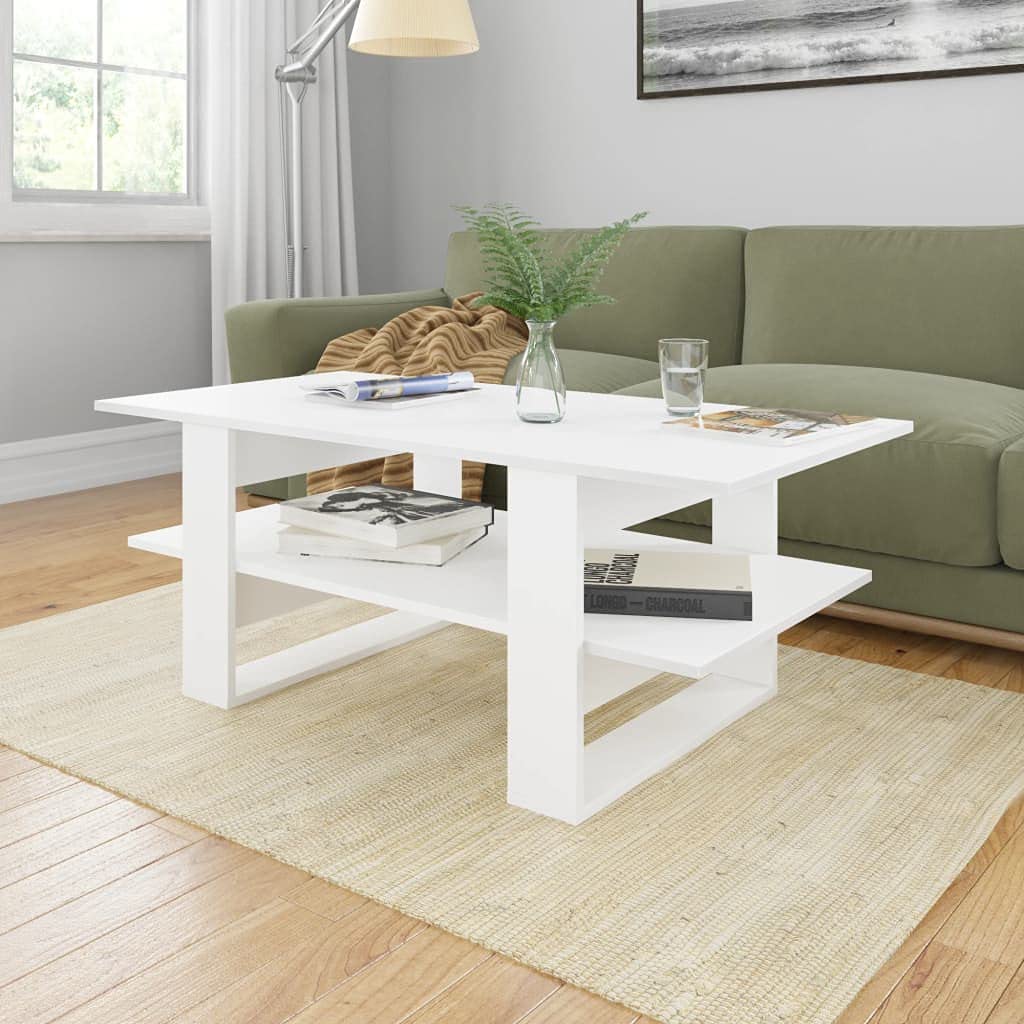 Modern White Coffee Table with Open Storage Shelf - 43.3