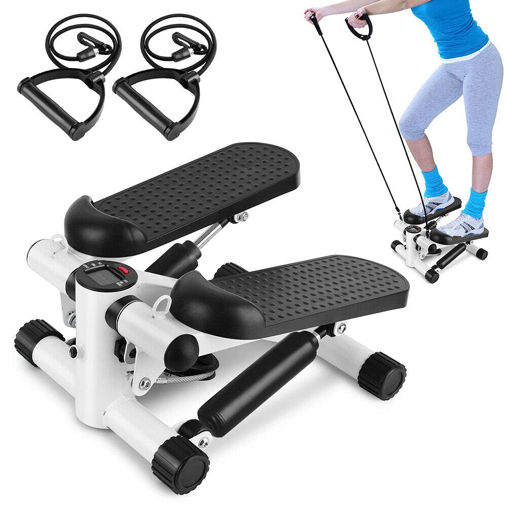 **Hobby Tech Mini Stepper with LCD Digital Display - Calorie Counter, Timer & Rep Tracker - Includes 2 Resistance Bands for Home Workout, Aerobic Exercise (Black & White) - Perfect for Home Gym, Office Fitness & Cardio Training**