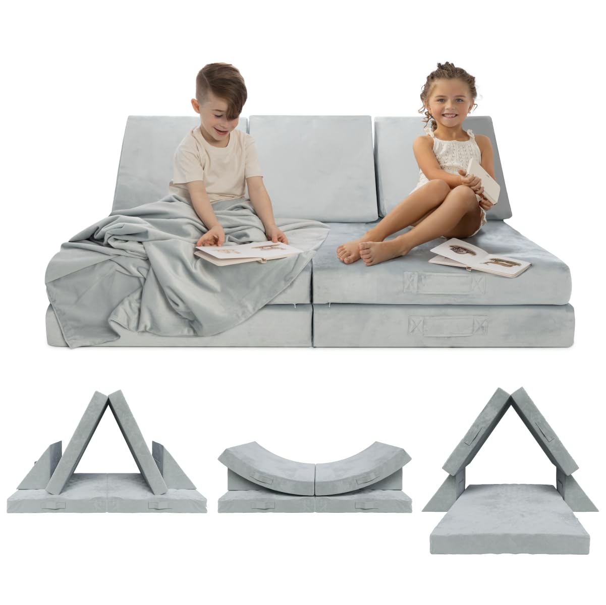 Milliard Kids 7-Piece Modular Sectional Sofa - Soft Washable Grey Velour Foam Play Couch for Toddlers with Bonus Blanket - 52x30x20 Inches - Perfect for Playrooms, Bedrooms & Family Rooms - Durable Kids Furniture for Playtime, Reading & Relaxation
