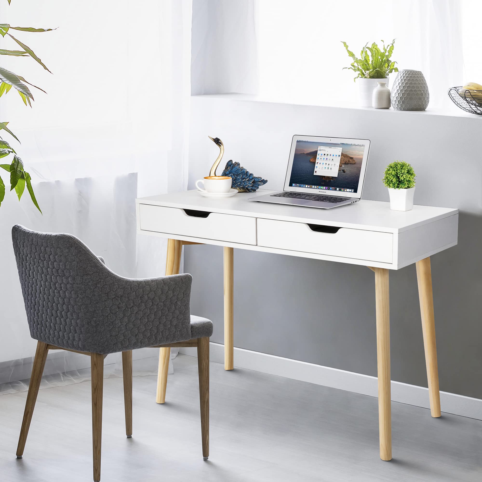 Mid Century Modern Writing Computer Desk - Home Office Laptop PC Desk with 2 Storage Drawers & Solid Wood Legs, Console Table for Bedroom, Living Room or Office Workspace