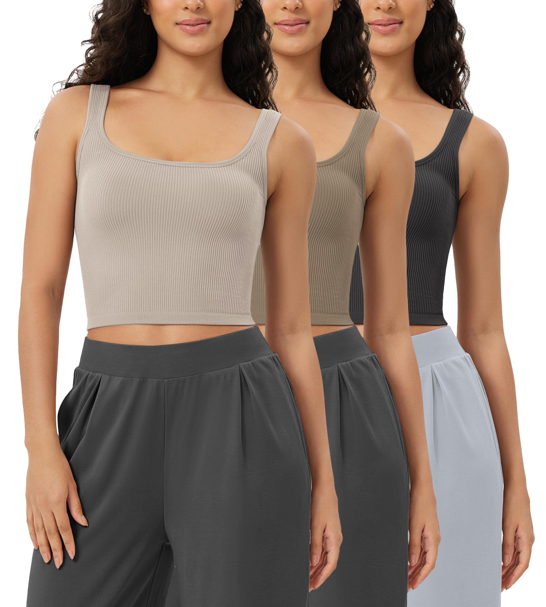 ODODOS 3-Pack Women's Seamless Square Neck Crop Tops - Ribbed Knit Soft Stretch Low Back Tank Tops for Yoga, Gym, Summer Outfits & Casual Wear