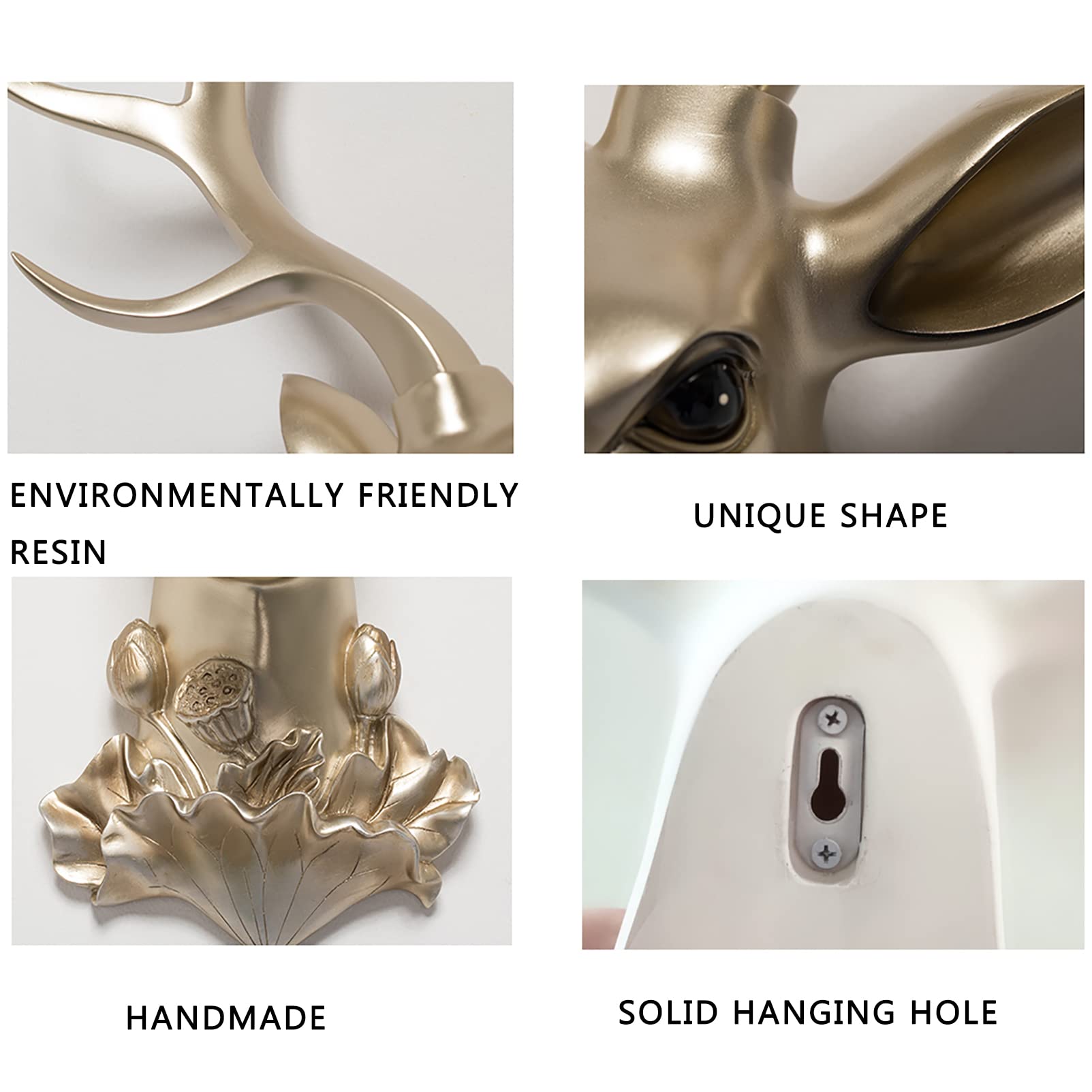 Faux Resin Deer Head Wall Decor - Gold Antler Wall Sculpture for Home, Bar & Office (44x61cm) | Elegant Animal Head Statue for Rustic, Hunting Lodge or Modern Interior Design