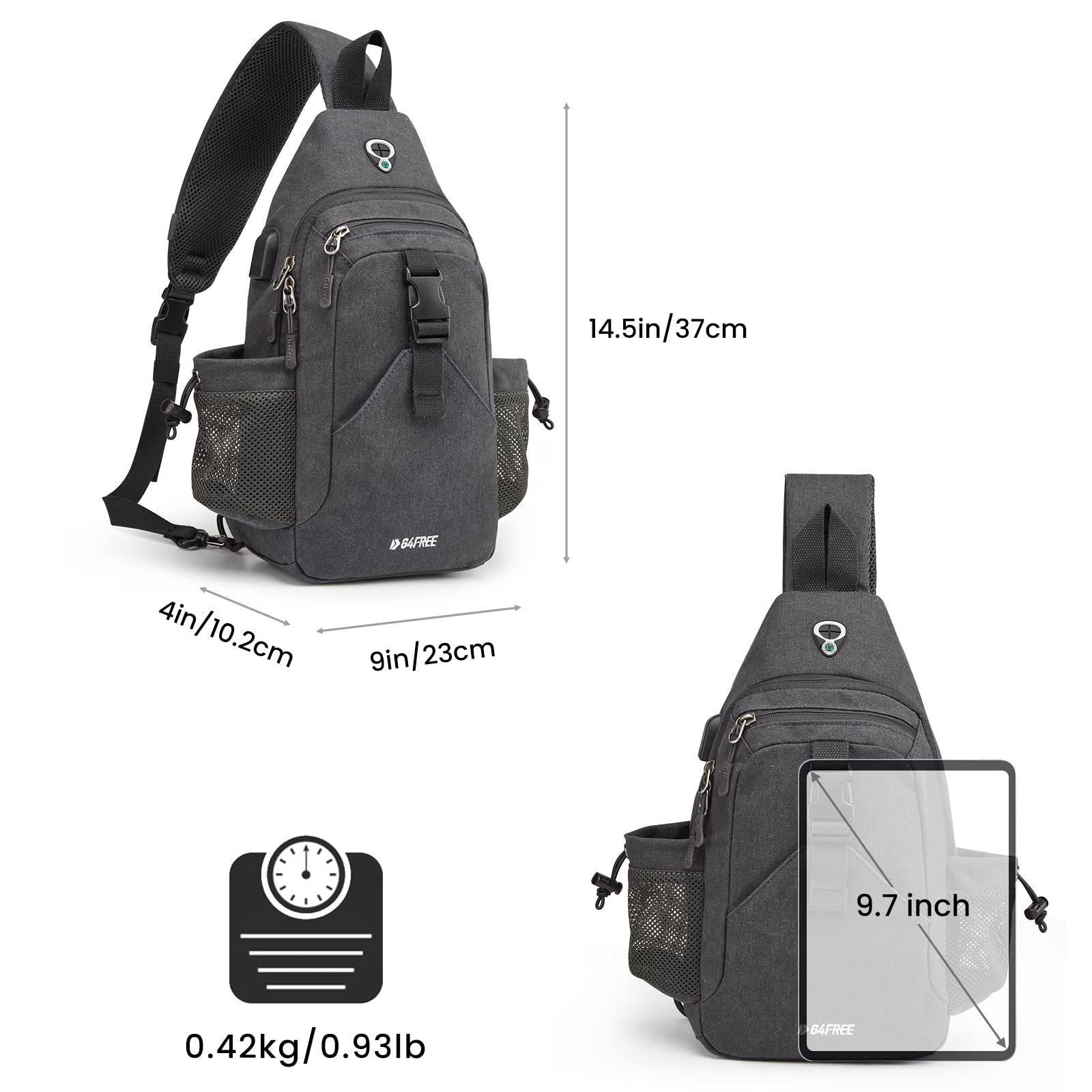 G4Free Canvas Sling Bag Crossbody Backpack with USB Charging Port & RFID Blocking - Lightweight Hiking Daypack Chest Bag for Women & Men - Perfect for Travel, Commuting & Outdoor Adventures