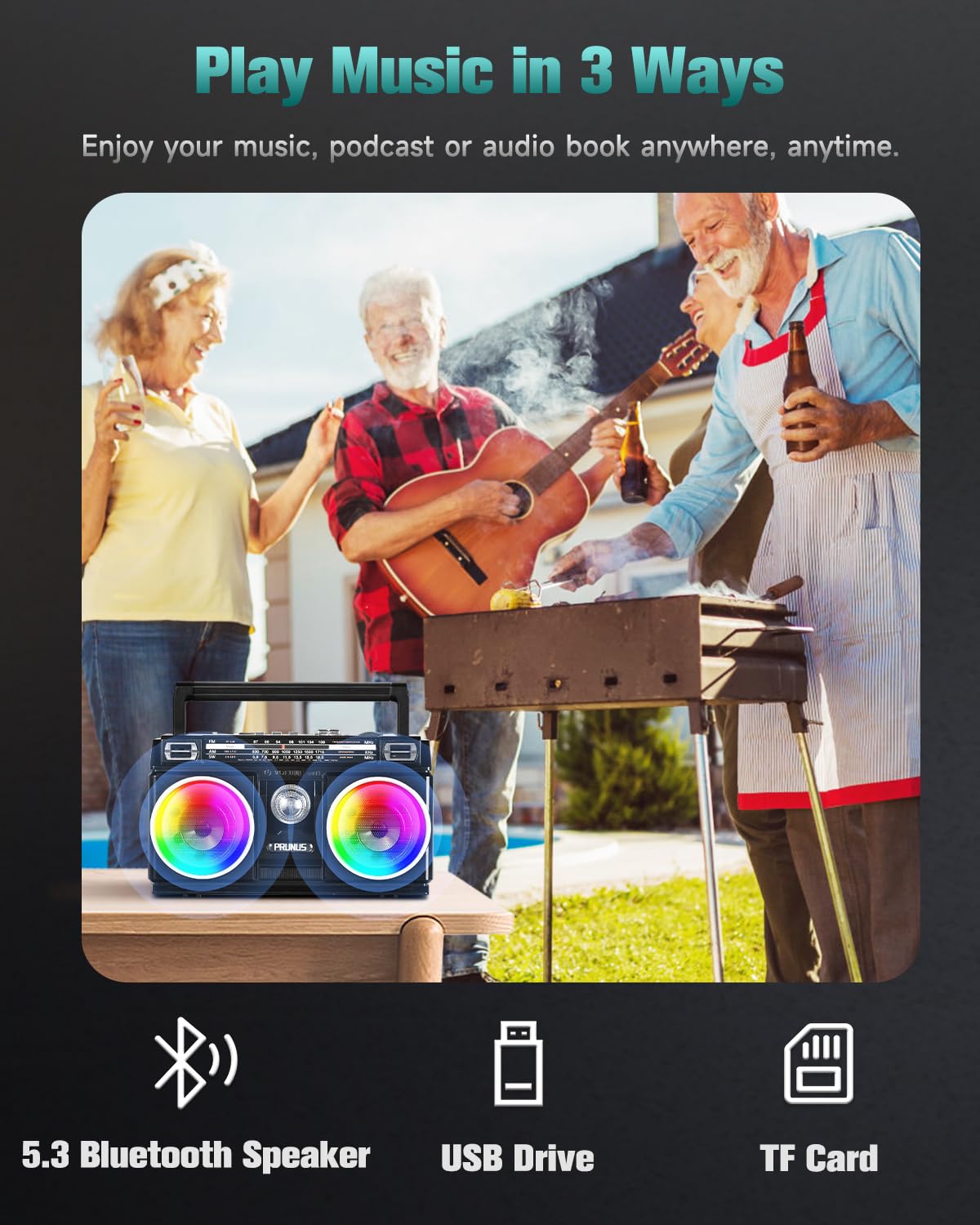 PRUNUS 750 Portable AM/FM Radio with Bluetooth Speaker - Solar/USB-C Rechargeable, TF Card & USB Playback, Dual Speakers, Colorful LED Lights - Perfect for Camping, Emergencies & Outdoor Activities (1 Pack)