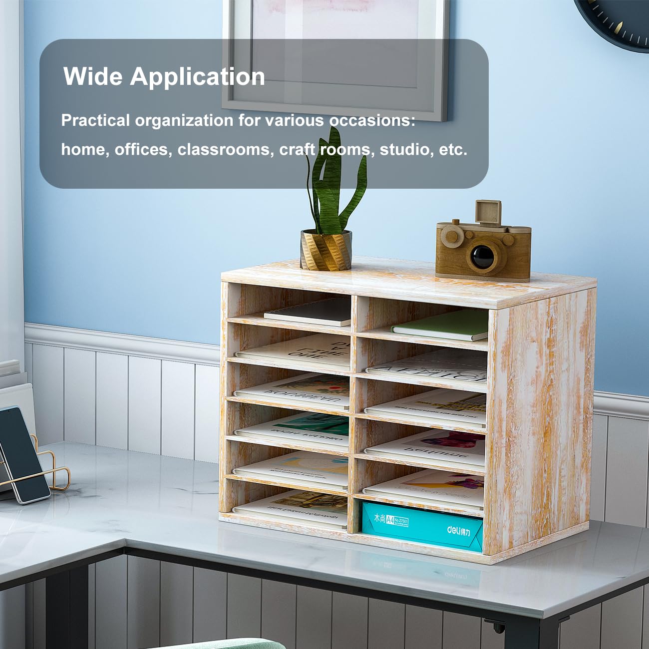 PAG Wooden Mail Sorter Organizer - 12 Compartment Desktop Literature Organizer for Classroom, Office & Home - Retro White Student Mailbox & Bill Organizer - Perfect for School Supplies, Office Documents, and Home Organization