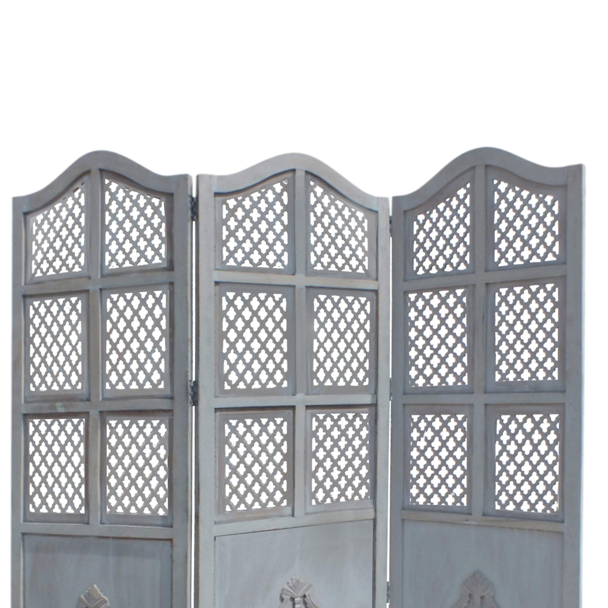 TUP The Urban Port 3-Panel Wooden Room Divider with Traditional Carvings & Cutouts - Blue Privacy Screen for Home, Office, Studio or Event Decoration
