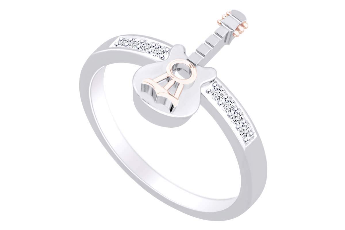 Round White Natural Diamond Accent Two Tone Guitar Ring for Men - Elegant Jewelry Gift for Musicians, Rock Fans & Music Lovers - Perfect for Concerts, Performances & Special Occasions