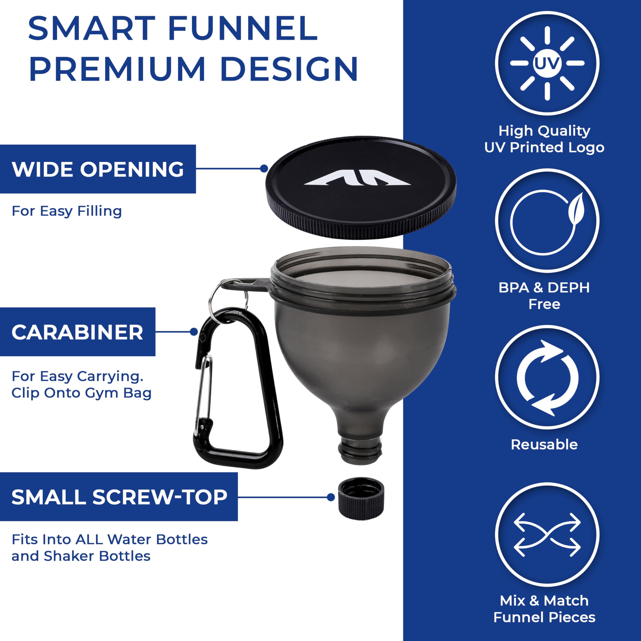 Protein Powder Funnel Set with Brush & Carabiners - Portable 4-Pack for Gym, Travel