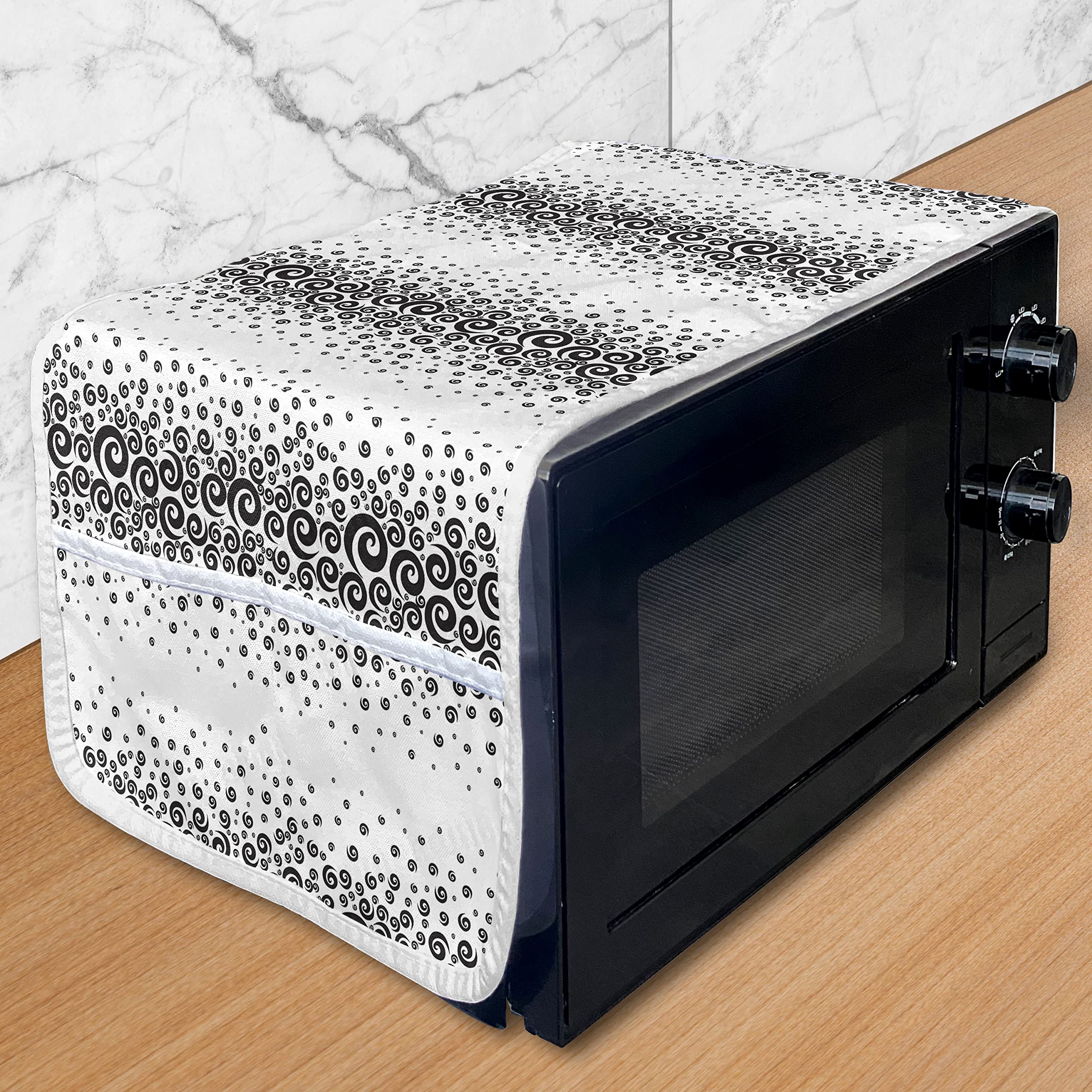 Ambesonne Black and White Microwave Cover - Abstract Art Design with Twirled Circular Pattern, Water-Resistant Kitchen Organizer with Pockets, 36