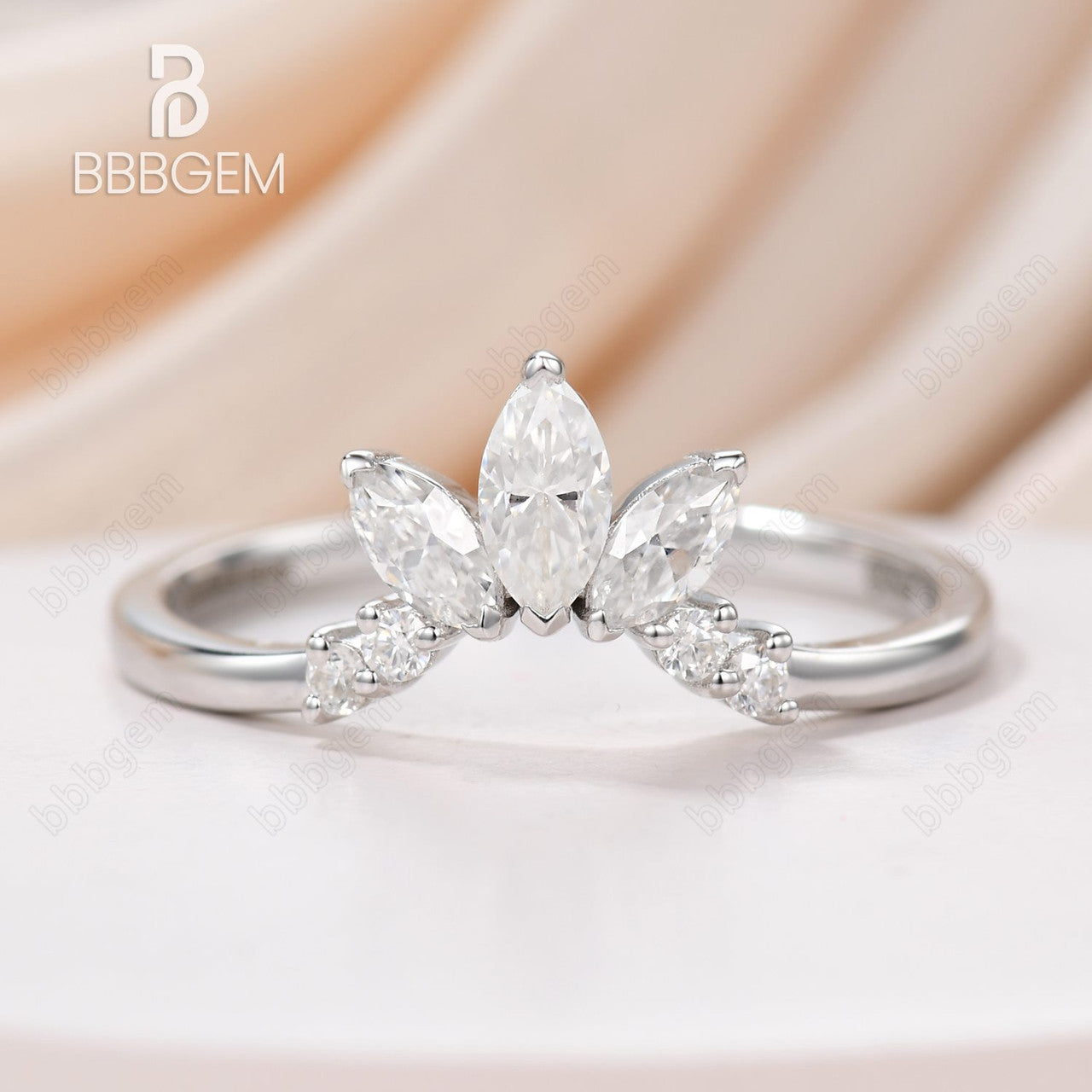 18K Rose Gold Three Stone Graduated Marquise & Round Moissanite Diamond Curve Band Ring | Elegant Wedding, Engagement, Anniversary Jewelry Gift for Women
