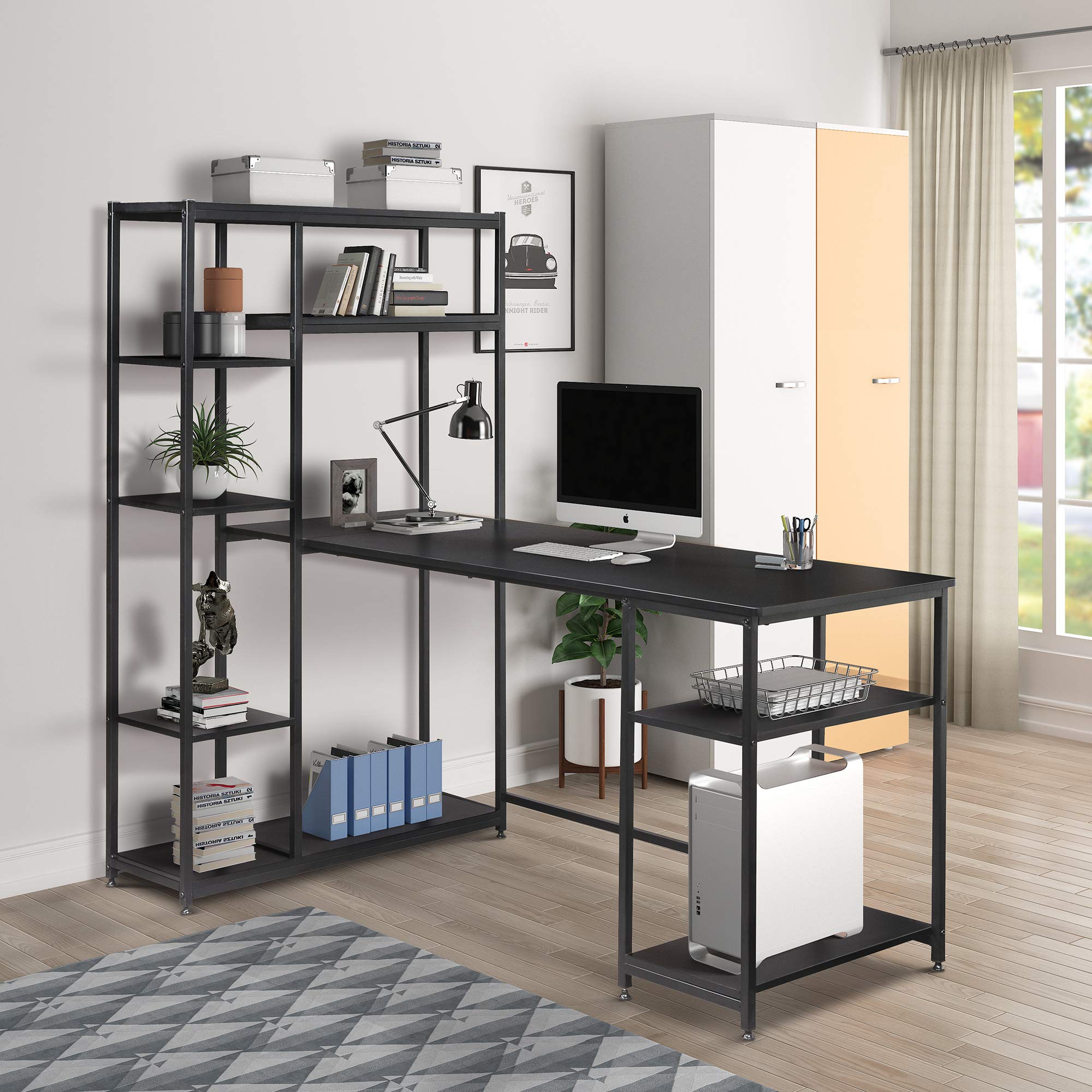 KLMM Black Gaming Desk with Bookshelves & Storage - Home Office & Study