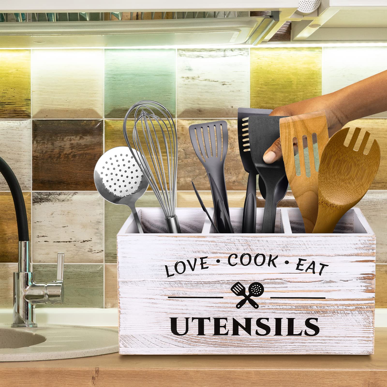 Rustic Farmhouse Style Wooden Kitchen Utensil Caddy with 3 Compartments - White | Storage & Organization for Spoons, Spatulas & Cooking Tools | Perfect for Countertop, Pantry & Kitchen Decor