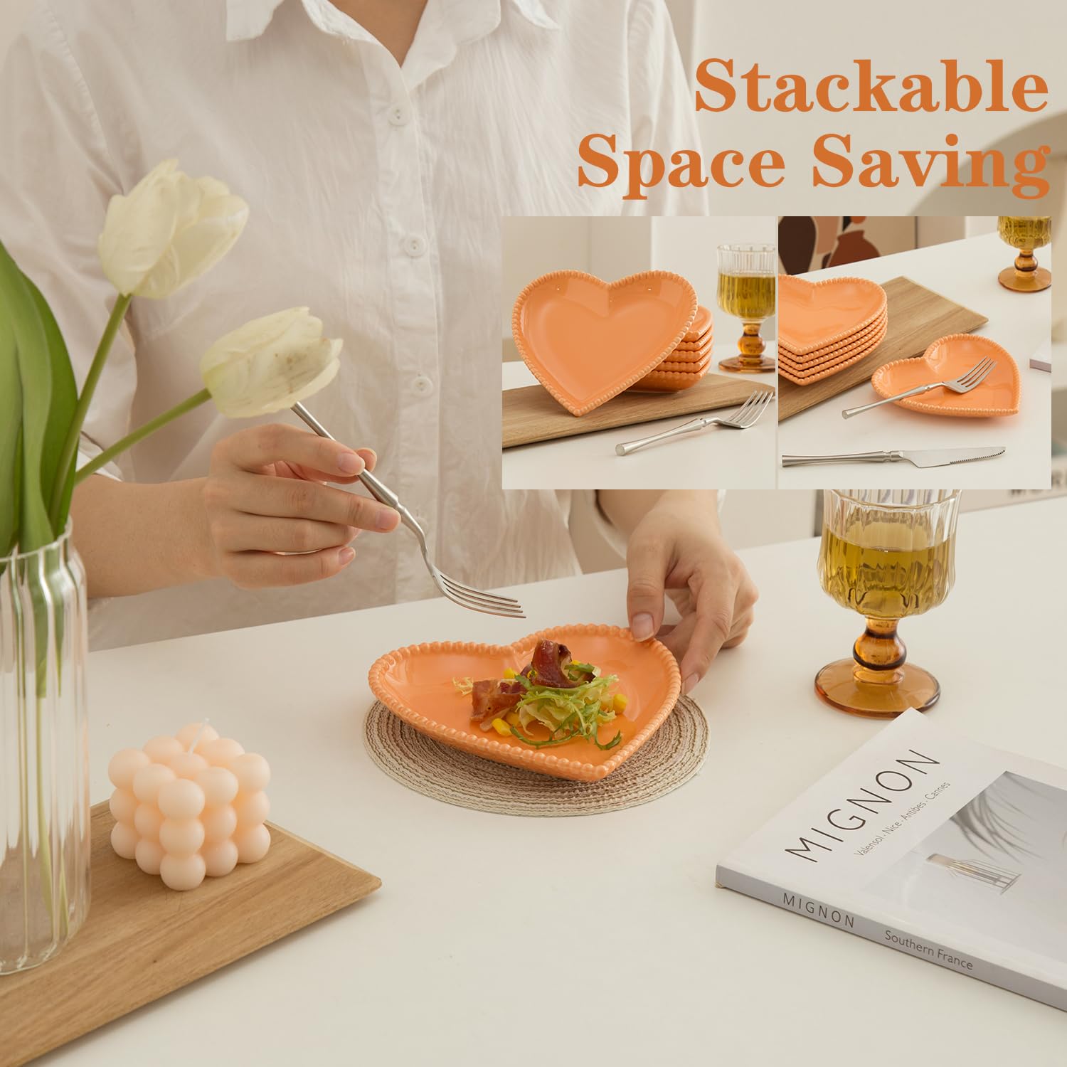 6.3 Inch Heart-Shaped Porcelain Appetizer Plates Set of 10 - Orange Small Dinner Plates for Dessert, Salad, Cake, Snack & Ice Cream | Microwave, Oven & Dishwasher Safe | Perfect for Parties, Weddings, Restaurants & Home Dining
