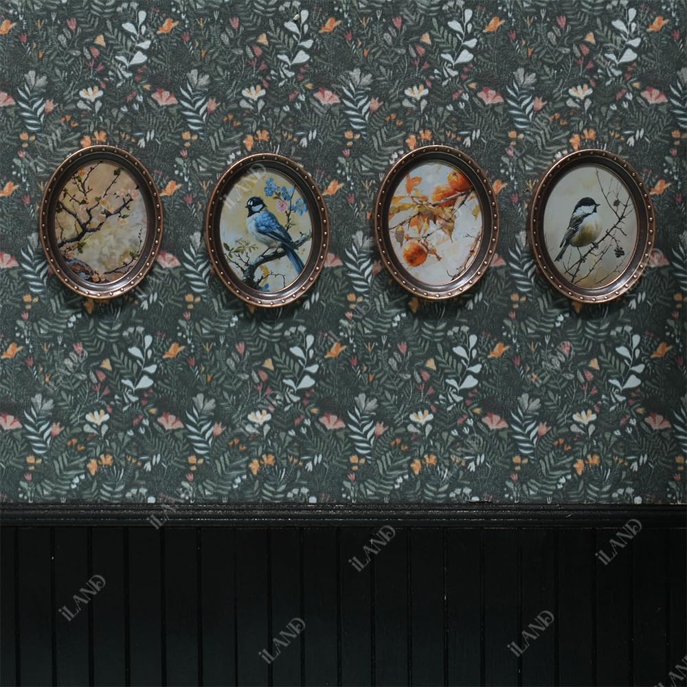 iLAND 1/12 Scale Miniature Dollhouse Accessories - Set of 4 Picture Frames with Floral & Bird Paintings for Model Train Scenes, Fairy Gardens & DIY Crafts