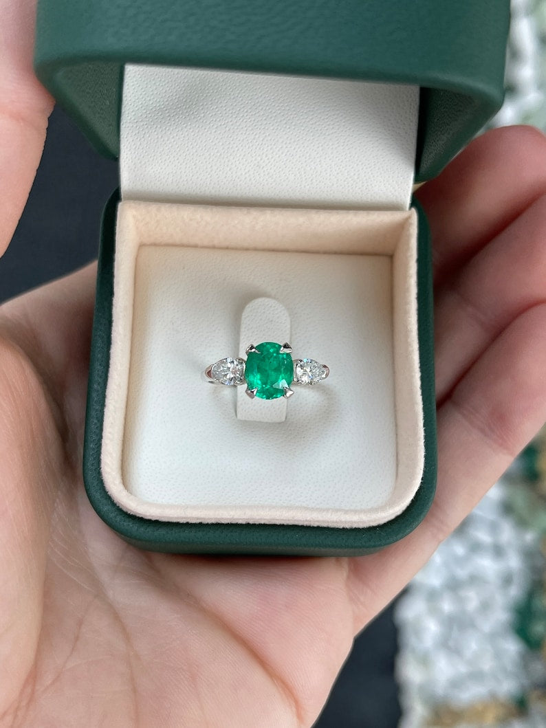 2.18tcw Platinum Vivid Dark Rich Green Emerald & Diamond Three Stone Engagement Ring - Fine Quality Jewelry for Weddings, Proposals & Anniversaries