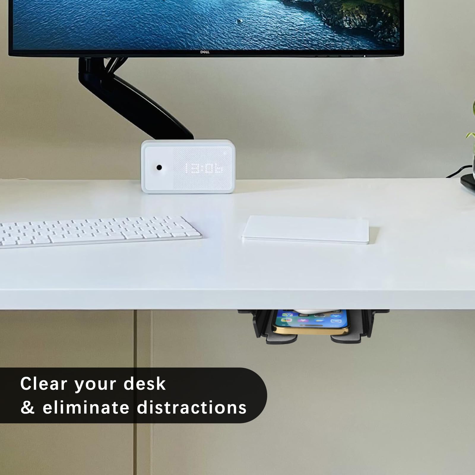 Under Desk Storage Shelf for Phone - Acrylic Under Desk Mount Phone Holder for Office & Workstations - Hidden Space-Saving Smartphone Organizer - Black - Perfect for Home Office & Workspace Organization