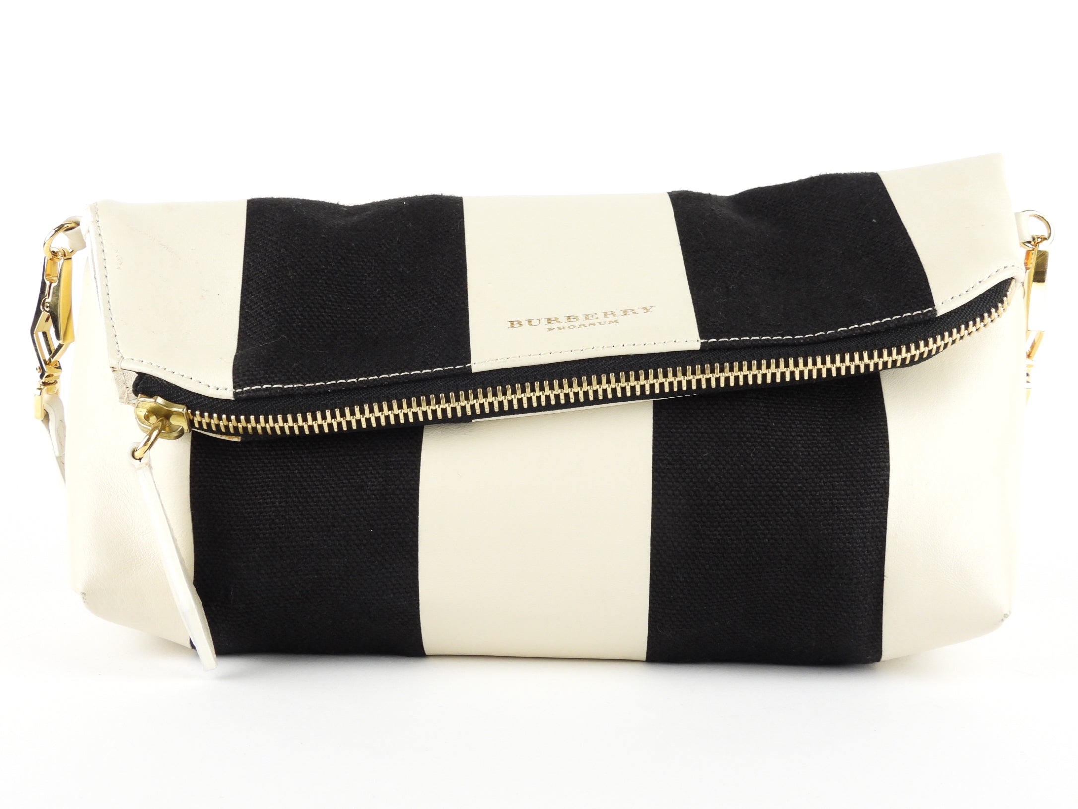 Burberry Prorsum Black & White Striped Coated Canvas Zip Pouch with Adjustable Strap - Luxury Crossbody Bag for Women, Perfect for Travel & Everyday Essentials
