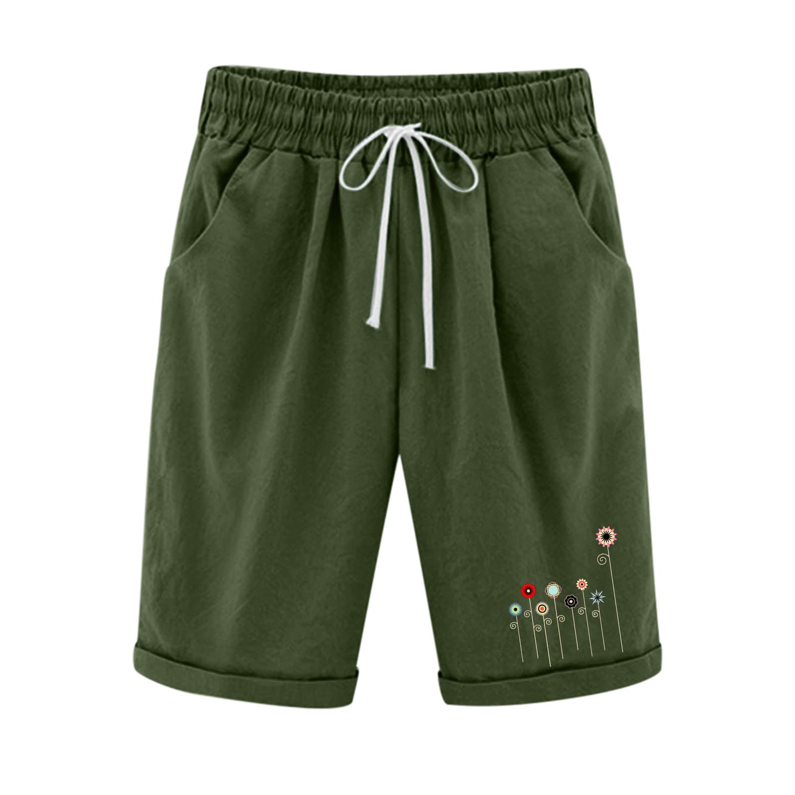 Women's Cotton Linen Shorts - Dandelion Print Drawstring Wide Leg Bermuda Shorts with Pockets | Summer Casual Wear, Beach Vacation, Lounge & Outdoor Activities