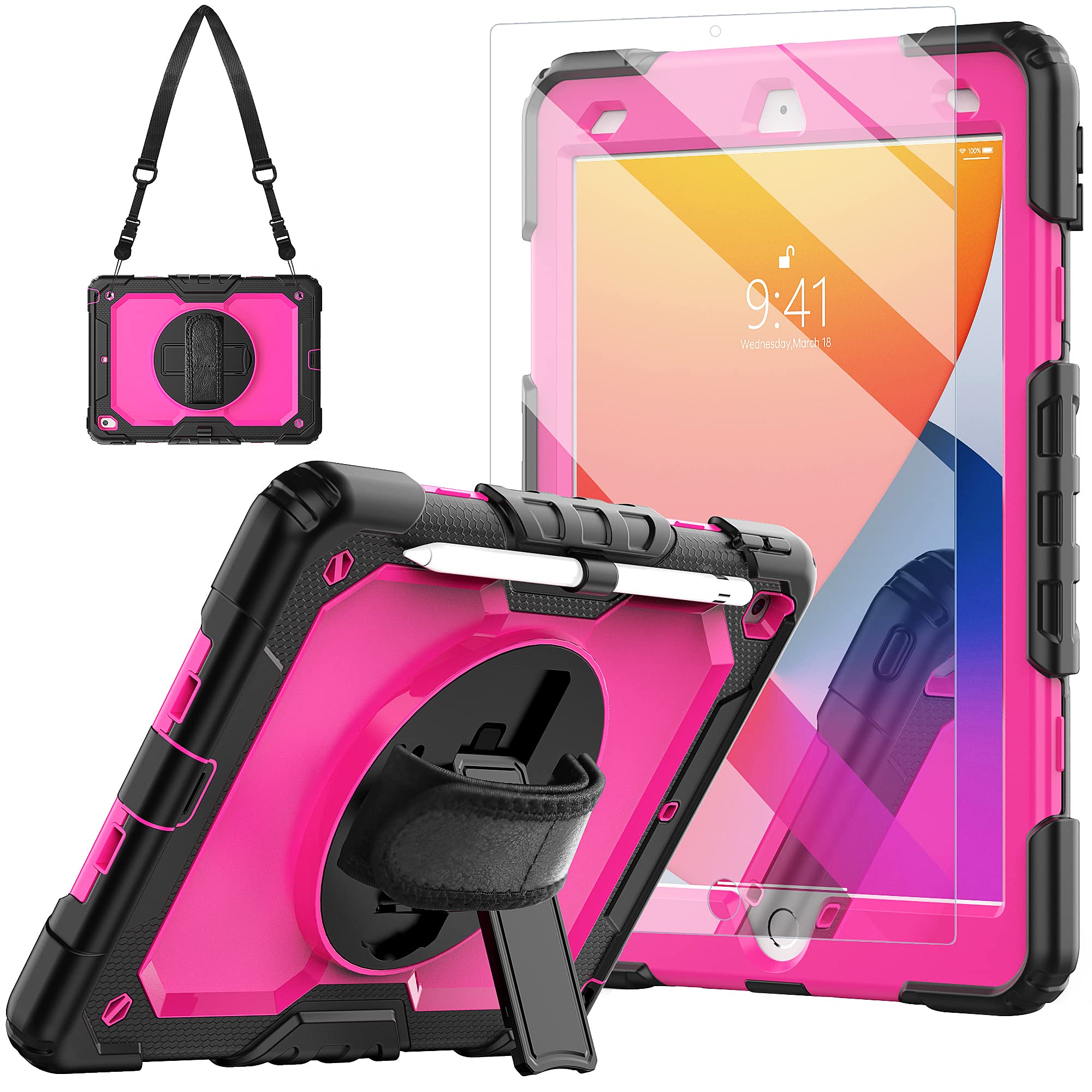 BLOSOMEET iPad 9th Generation Case 2021 (10.2 Inch) with Tempered Glass Screen Protector, Pencil Holder & Stand - Compatible with iPad 7th/8th Gen 2020 2019 - Protective Kids Cover with Adjustable Hand/Shoulder Strap (Rose Red) - Perfect for School, Travel & Home Use