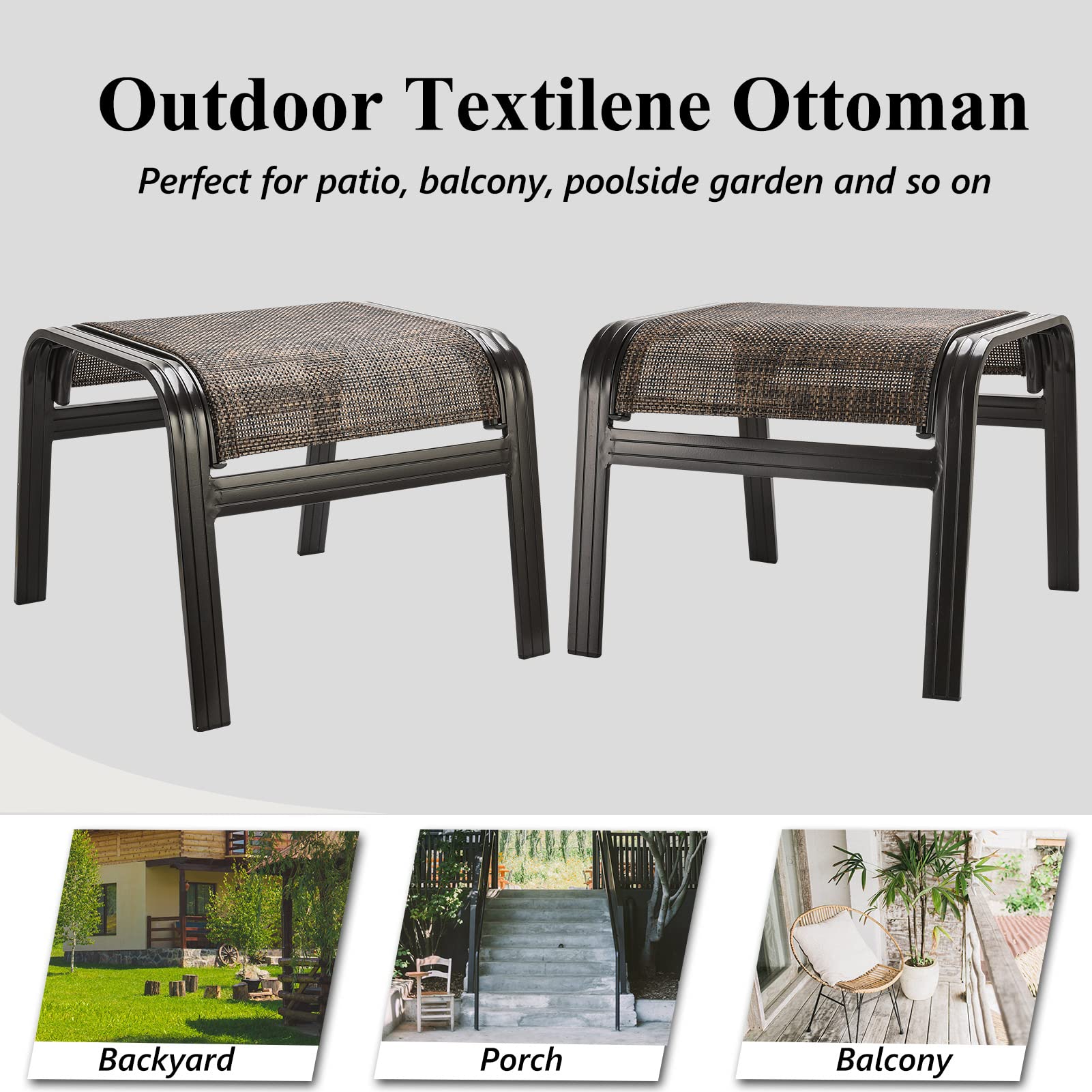 Outdoor Ottomans Set of 2 - Brown Metal Patio Footrest Stools with 22x20x17 Inch Dimensions for Garden, Deck & Poolside Relaxation