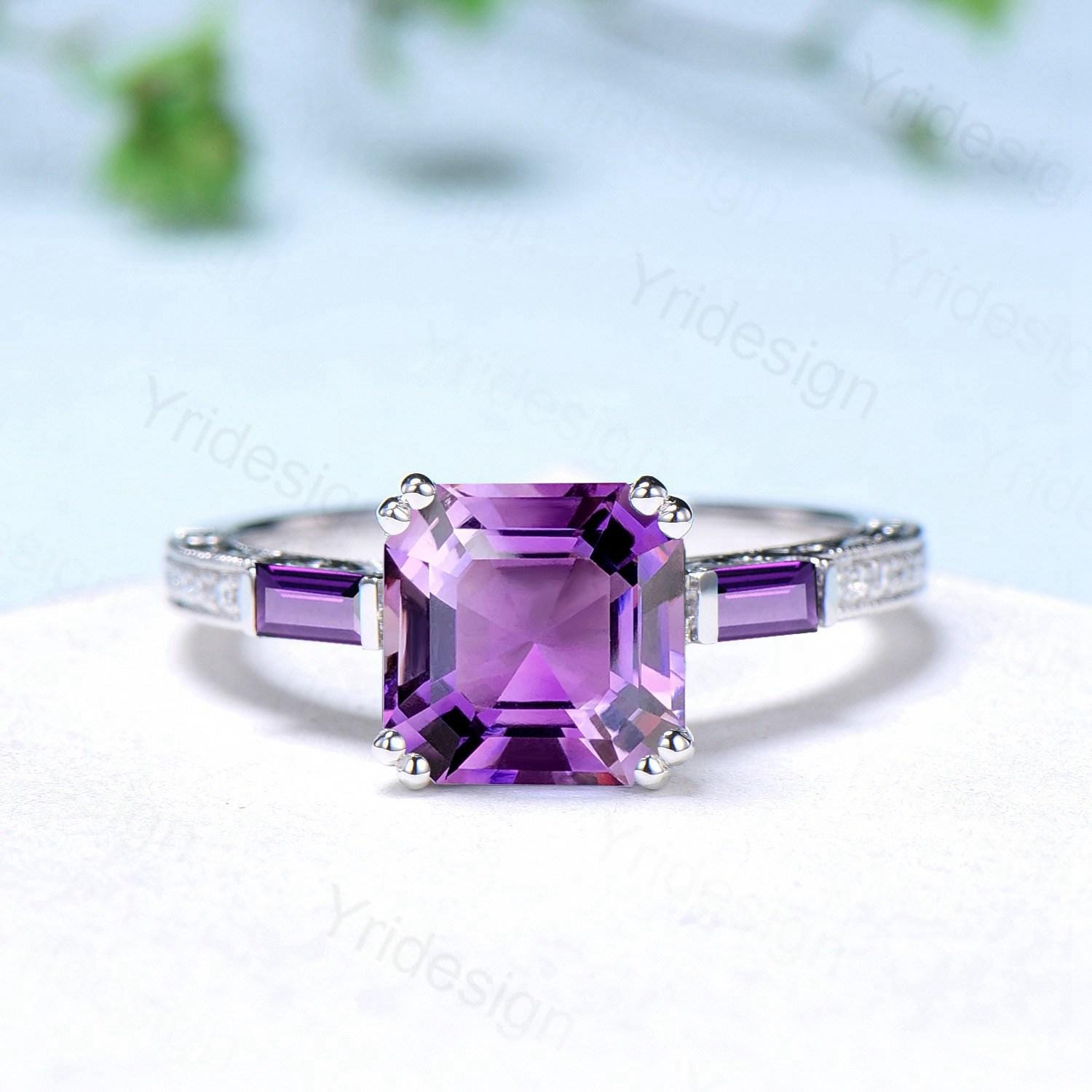 Hidden Halo Princess Amethyst Engagement Ring | Unique Asscher Cut Purple Gemstone Ring | 3 Stone Baguette February Birthstone Anniversary Ring | Perfect for Proposals, Valentine's Day & Special Occasions
