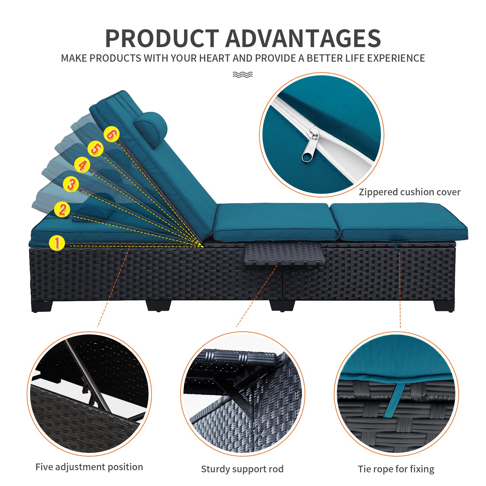 Outdoor Chaise Lounge Chairs Set of 2 - Black Wicker Rattan Reclining Pool Sunbathing Chair with Adjustable Backrest & Peacock Blue Cushion - Patio Furniture for Backyard, Beach, and Poolside Relaxation