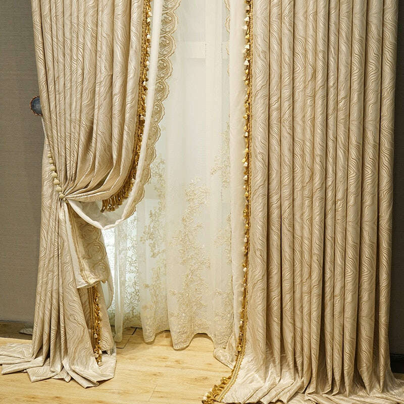Luxury Mila French Jacquard Curtains - Elegant Beige Window Drapes for Living Room & Bedroom Decor