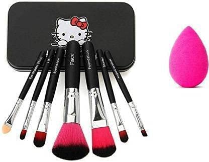 Solal 7-Piece Black Makeup Brush Set with Pink Beauty Blender - Professional Cosmetic Brushes for Women & Girls - Perfect for Foundation, Eyeshadow, Blending & Contouring (Pack of 8)