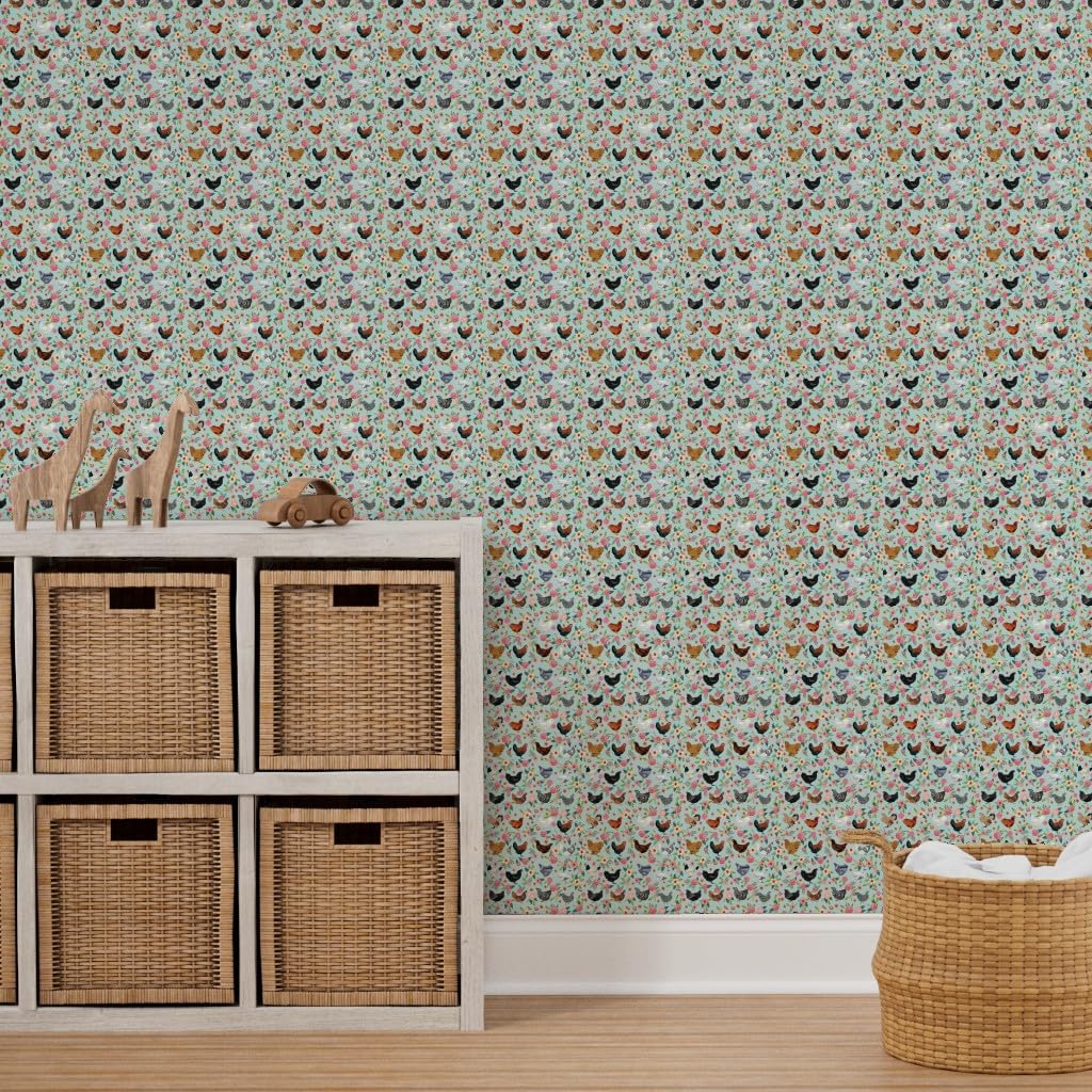 Peel & Stick Removable Wallpaper - 9ft x 2ft Chicken Breeds Floral Design with Hens & Birds in Light Blue | Farmhouse Decor | Perfect for Nursery, Kitchen, Bedroom & Home Office