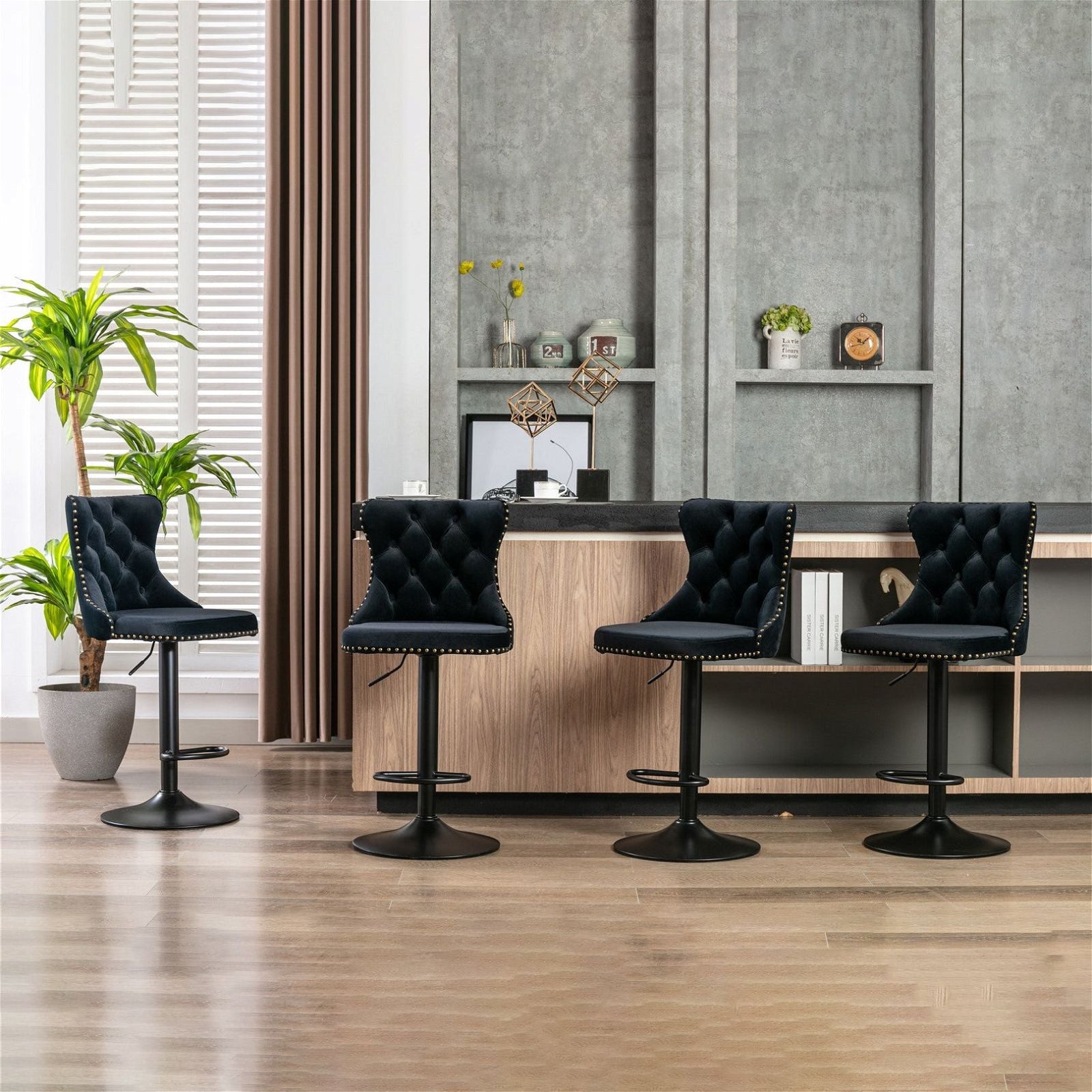Adjustable Height Swivel Bar Stool with Velvet Upholstery & Nailhead Trim - Footrest Included - Perfect for Kitchen Islands, Home Bars & Dining Counter Seating