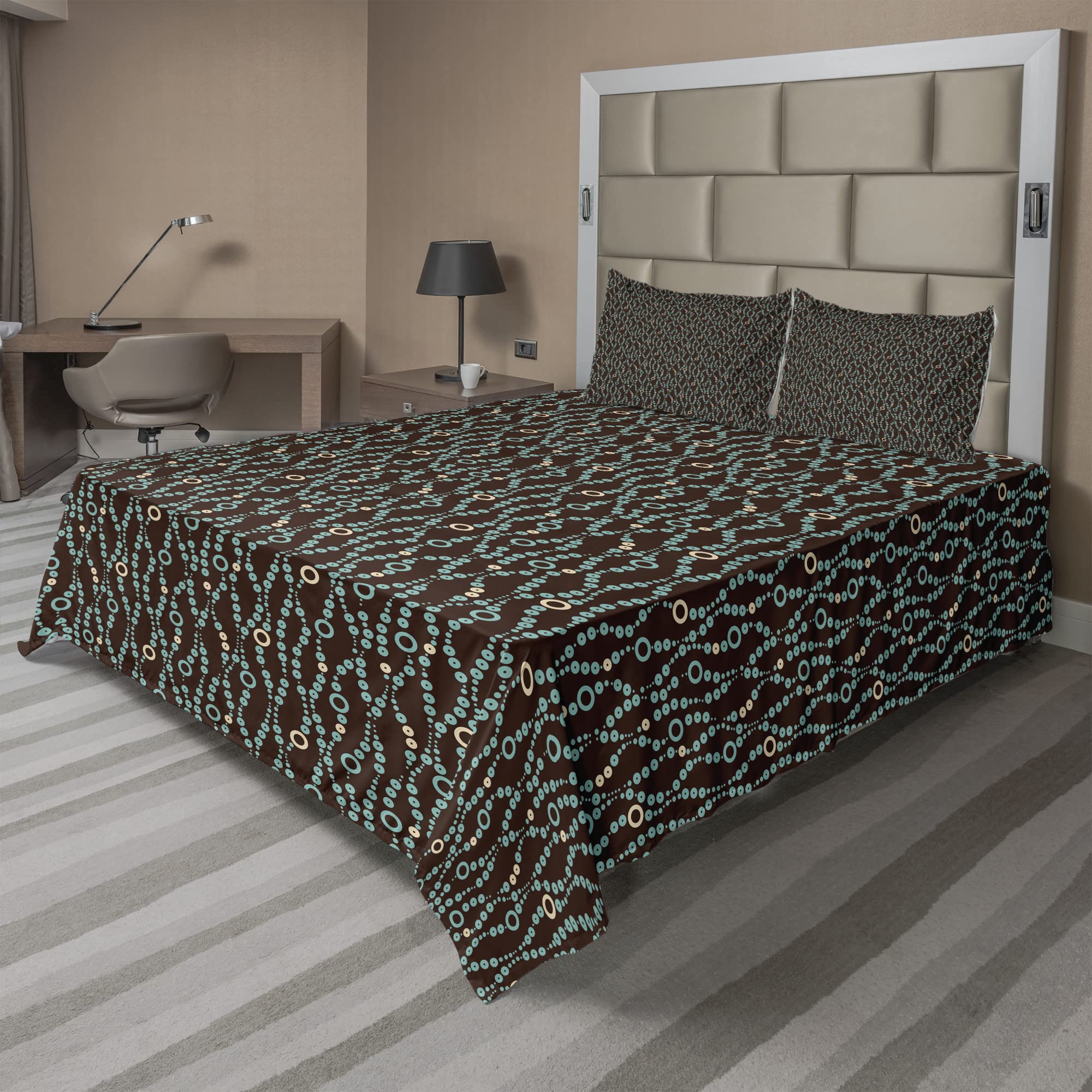 Ambesonne Retro Vintage Geometric Pattern 4-Piece King Size Sheet Set - Fitted Sheet, Flat Sheet & 2 Pillowcases - Seal Brown & Pale Teal Circles Design - Perfect for Guest Rooms, Dorm Decor & Cozy Bedroom Makeovers