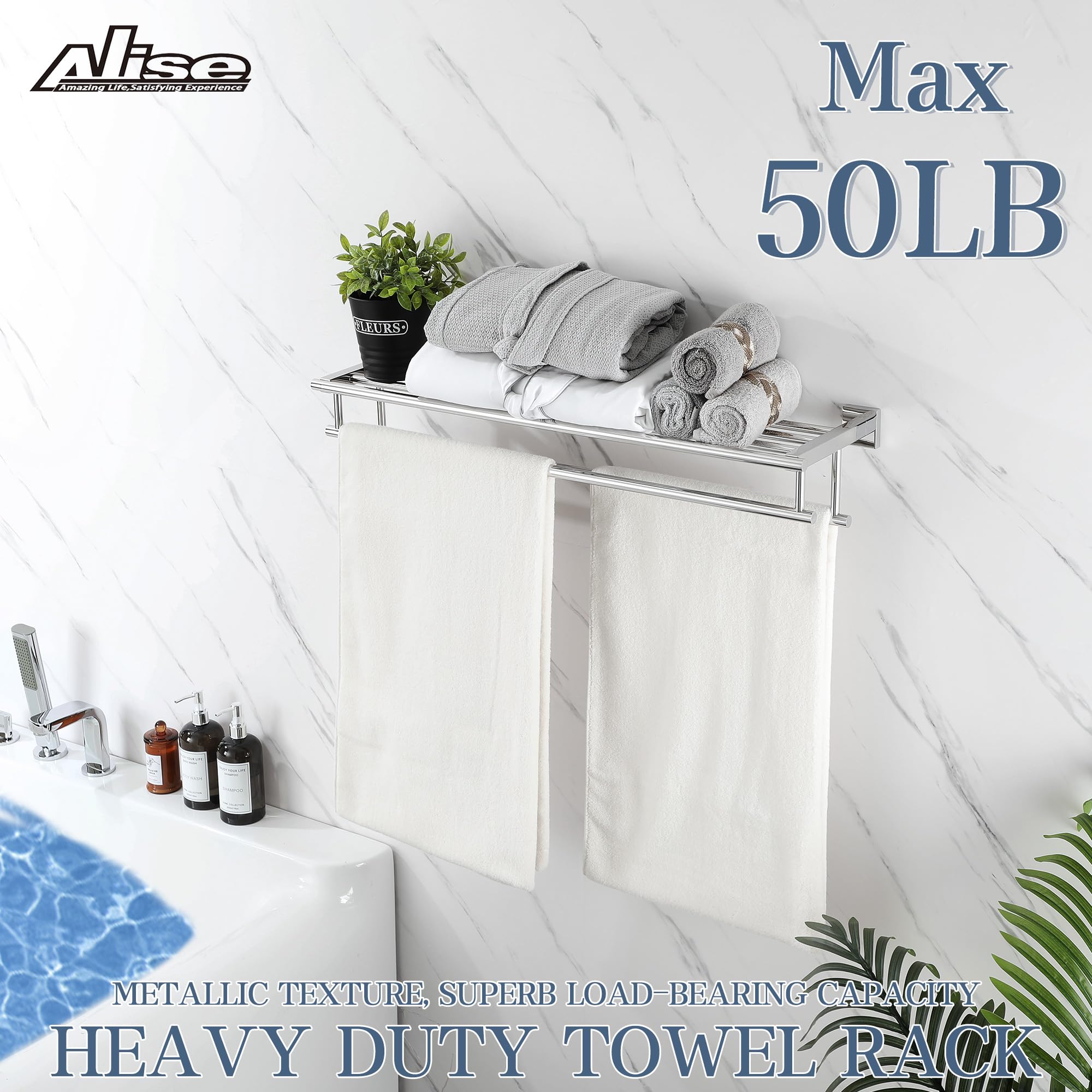 Alise 28 Inch SUS 304 Stainless Steel Wall Mount Towel Rack - Double Towel Bars Bathroom Hanger with Polished Chrome Finish | Perfect for Bathroom, Lavatory & Spa Decor