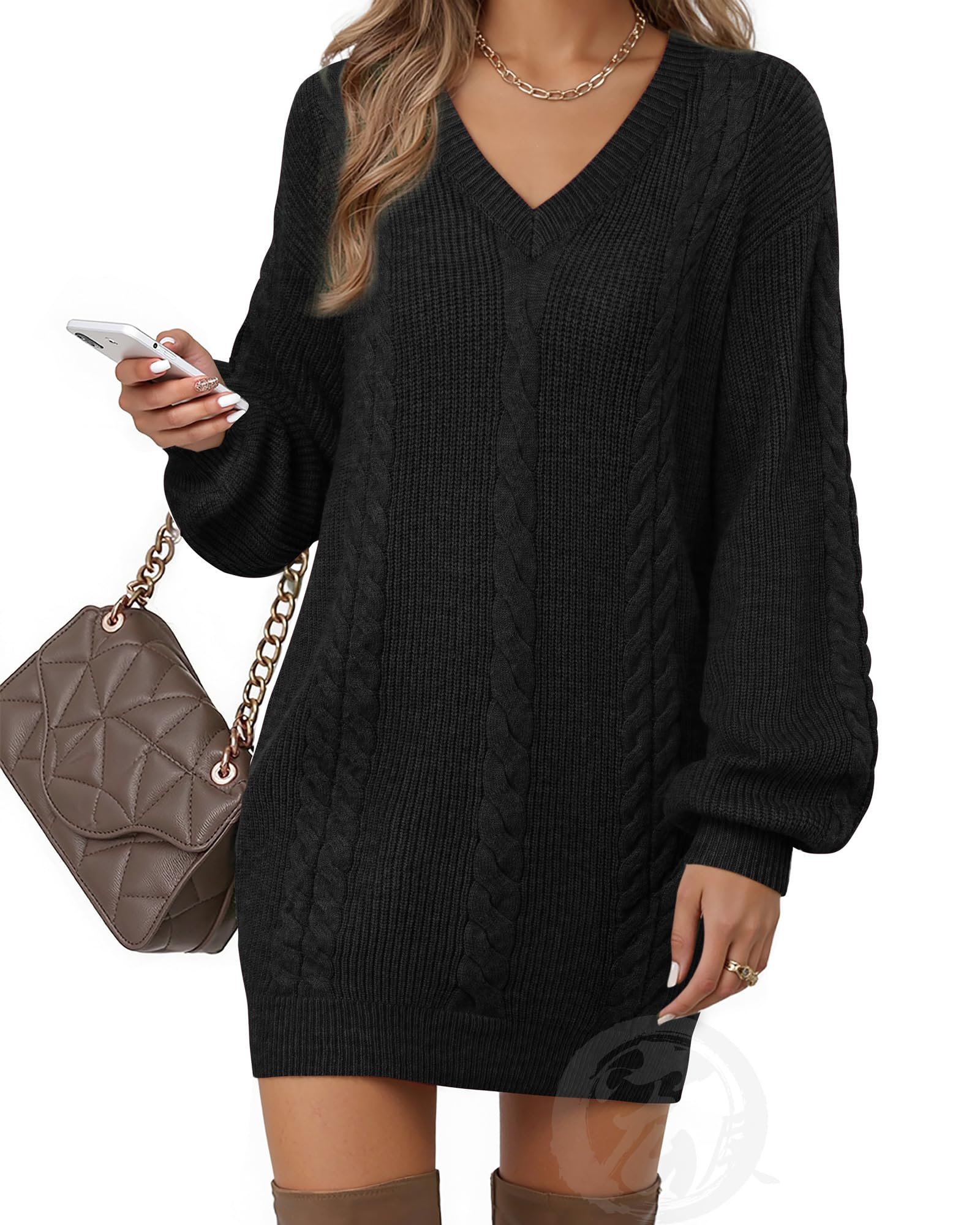 Women's Casual V Neck Lantern Sleeve Pullover Sweater Dress - Soft Knit Mini Jumper for Fall & Winter - Perfect for Office, Date Night and Weekend Outings