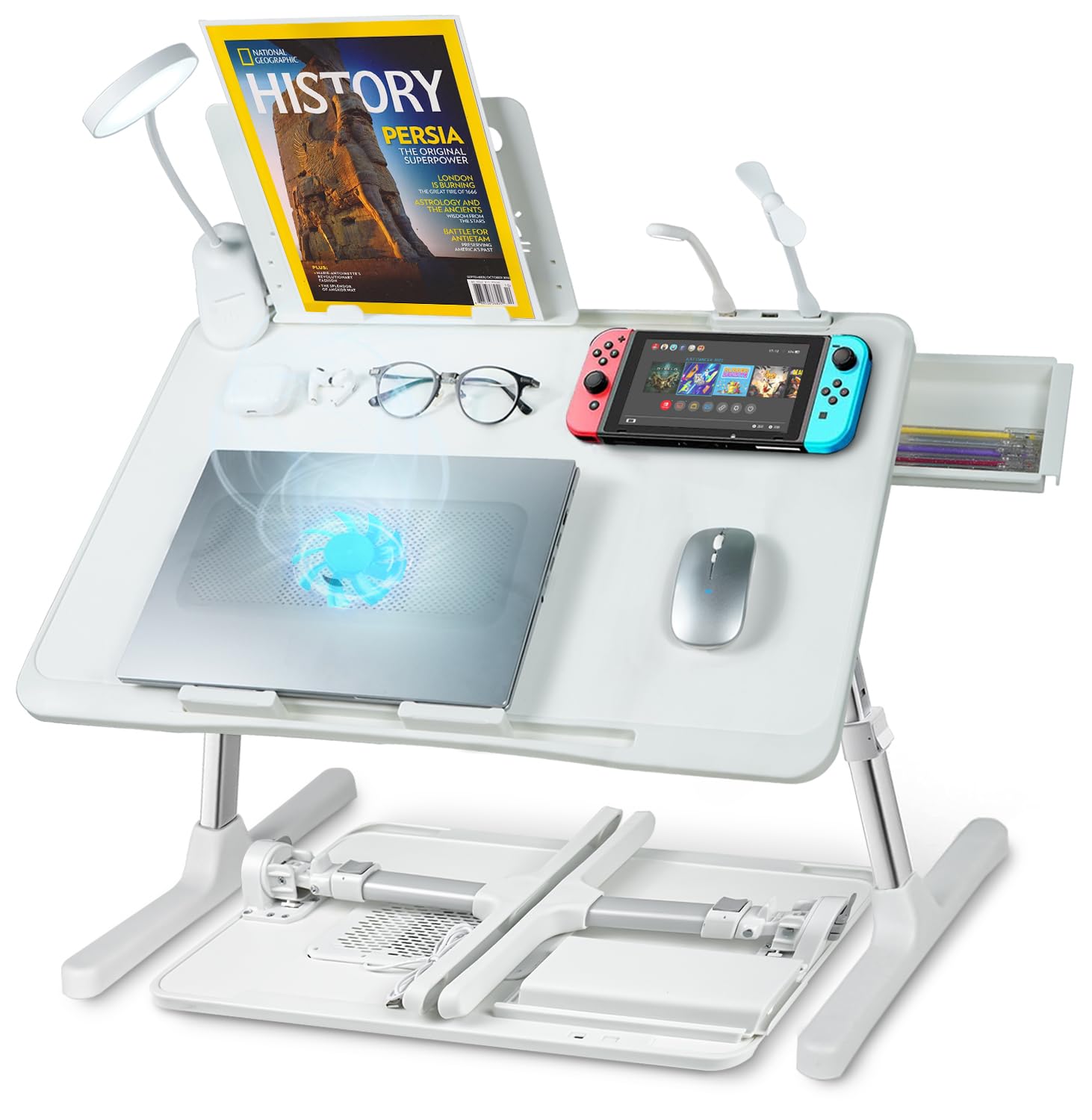 Portable Laptop Lap Desk with Cooling Fan & LED Light - Adjustable Folding Bed Desk with Storage Drawer (23.62