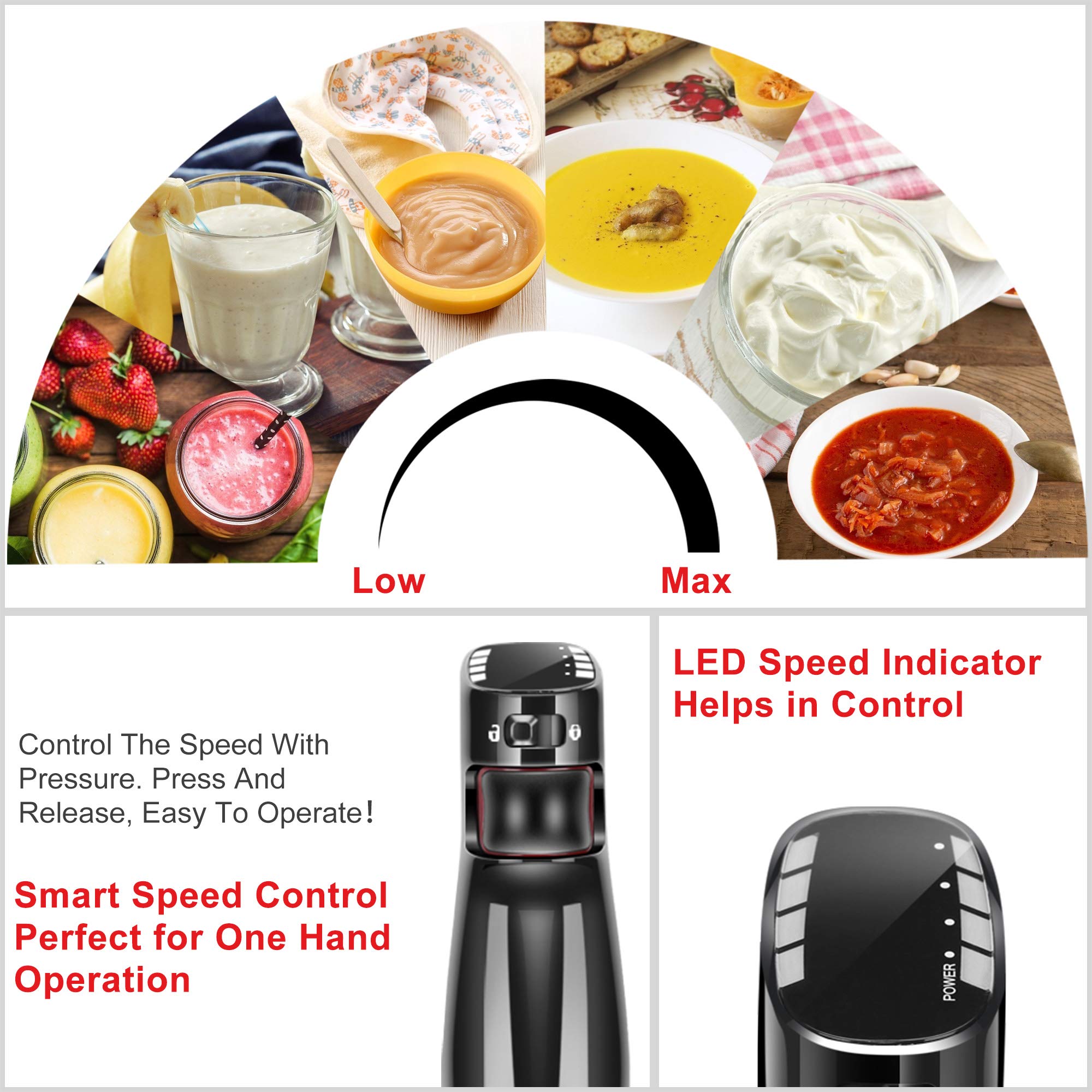 iCucina 4-in-1 Variable Speed Immersion Hand Blender - 400W Powerful DC Motor, One-Touch Control with Whisk, Beaker & Chopper Attachments - Perfect for Smoothies, Soups, Baby Food & Baking - Black