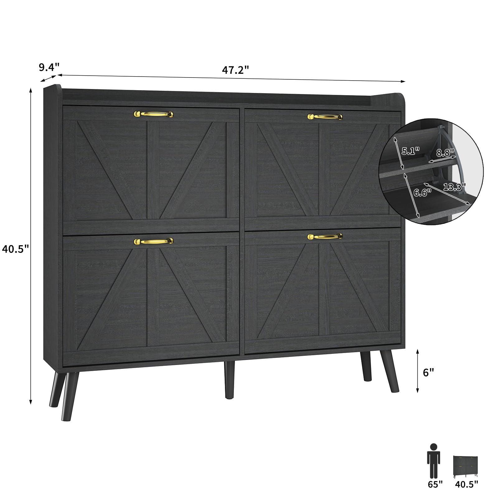 4-Tier Flip-Drawer Shoe Storage Cabinet - Slim Space-Saving Entryway Shoe Organizer for Hallway & Closet | Black Narrow Shoe Rack for Small Spaces | Perfect for Apartments, Dorms & Mudrooms