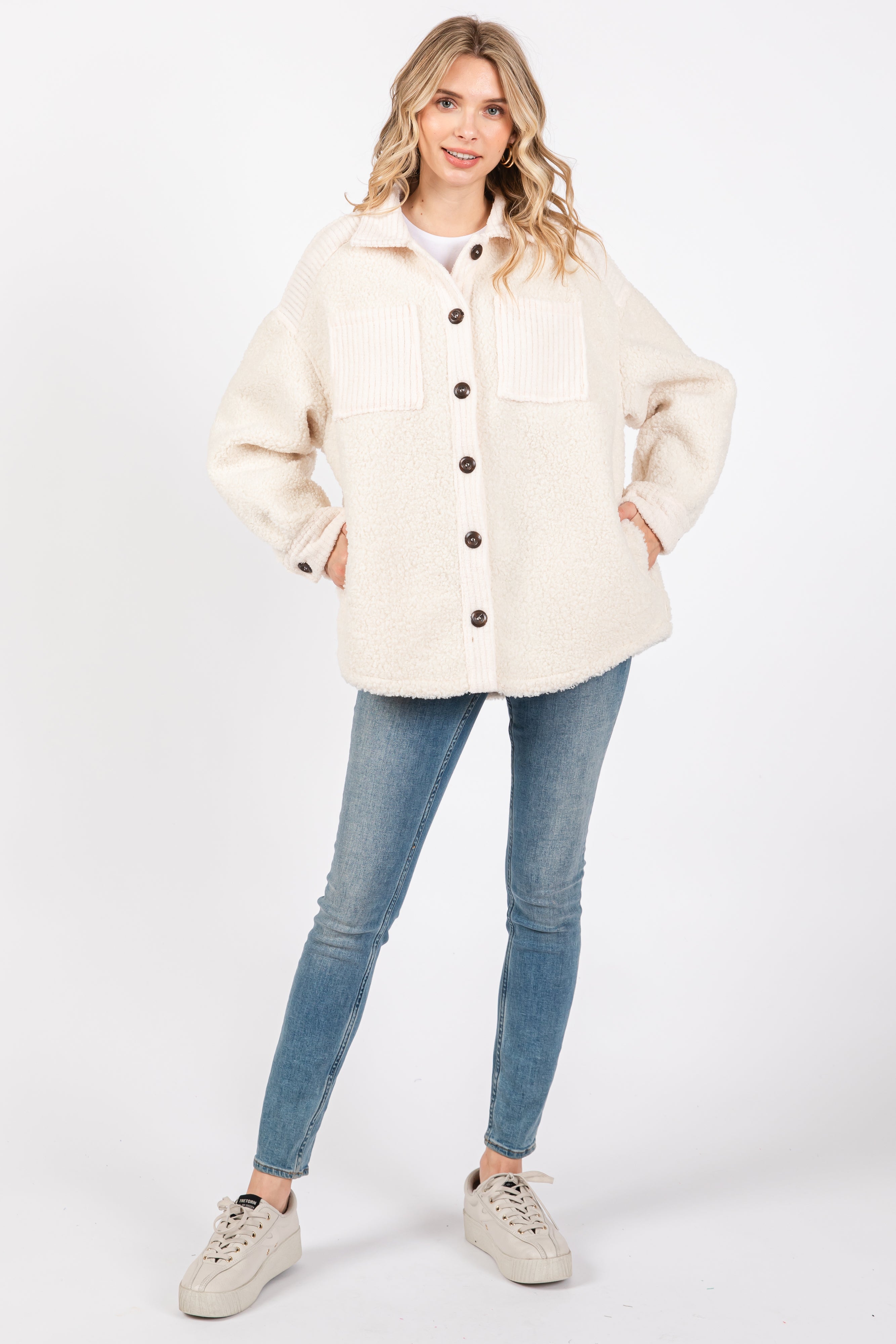 Beige Colorblock Fleece Shirt Jacket for Women - Cozy Winter Layering Top, Soft Outdoor Pullover with Stylish Contrast Panels | Perfect for Casual Wear, Hiking & Fall Fashion