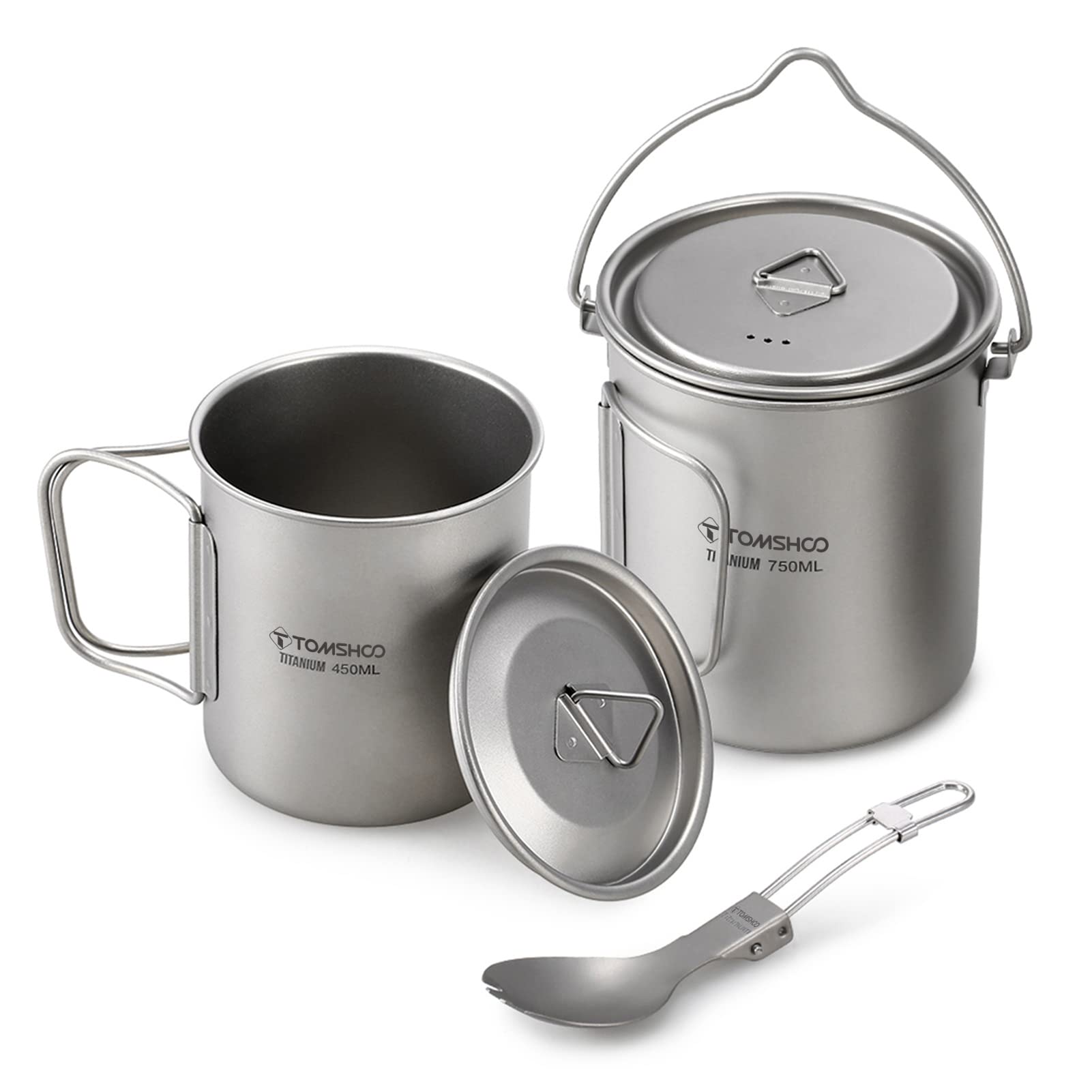 TOMSHOO Titanium Camping Pot with Lid - Lightweight Outdoor Coffee Mug, Foldable Handle for Backpacking, Hiking & Travel - Perfect for Campfire Cooking & Outdoor Adventures