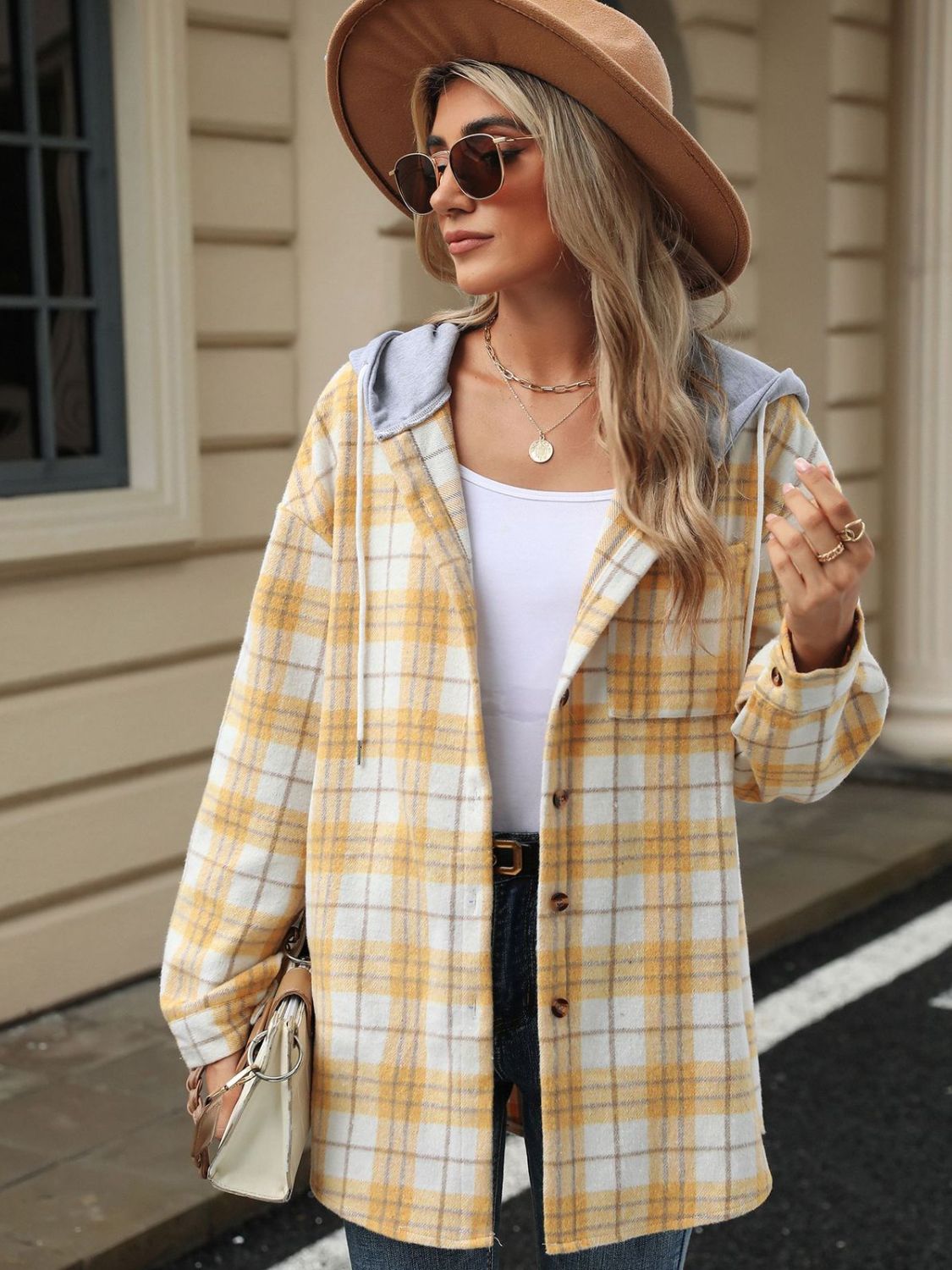 Men's Plaid Button-Up Hooded Jacket with Drawstring - Stylish Casual Outerwear for Fall & Winter - Perfect for Outdoor Activities, Hiking, and Daily Wear