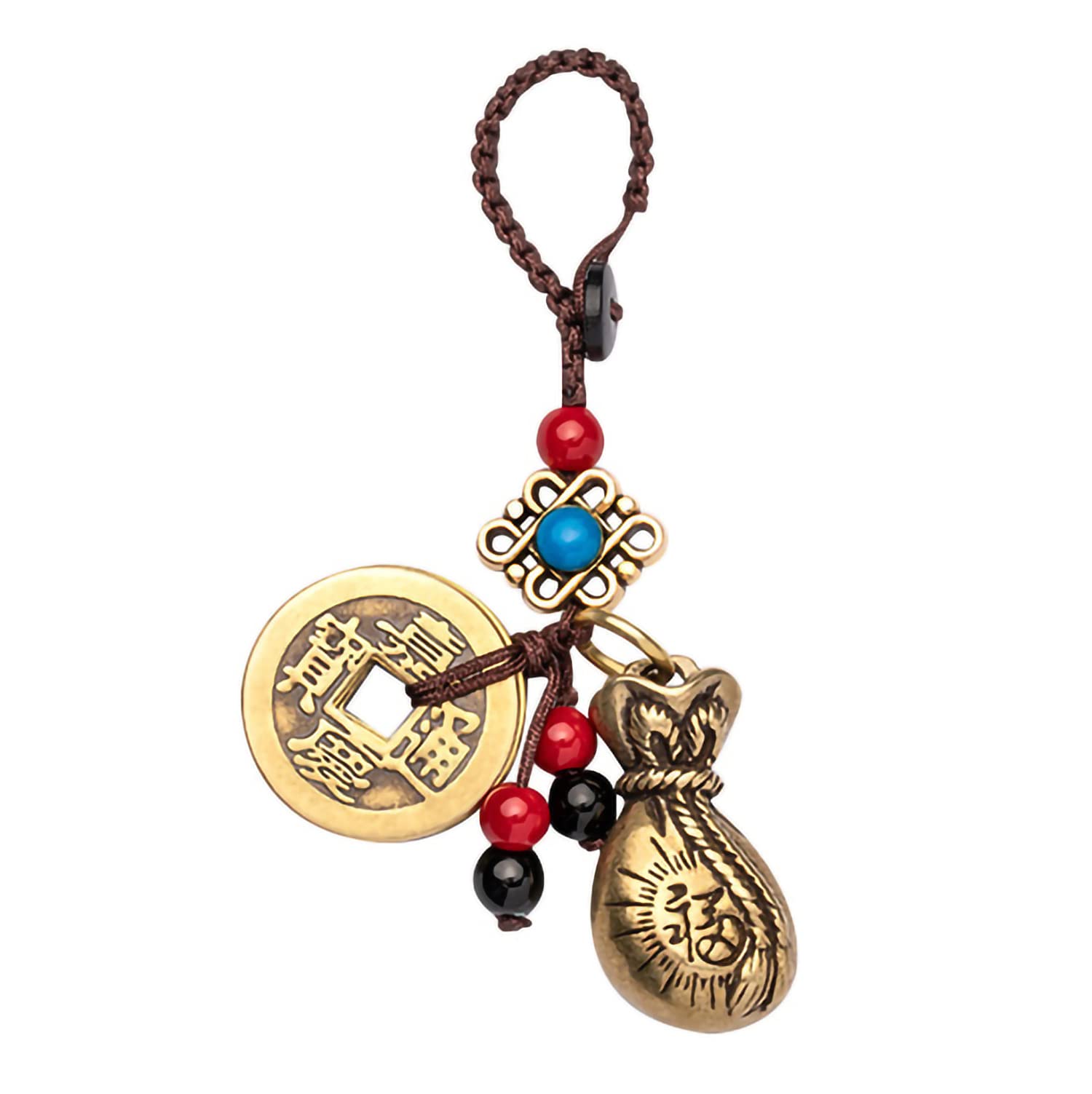 FAZOVIN Feng Shui Fortune Bag Keychain for Women - Vintage Brass Key Ring with 5 Feng Shui Coins, Lucky Charm Tassel Accessory | Perfect for Purse, Wallet, Backpack & Gift Giving