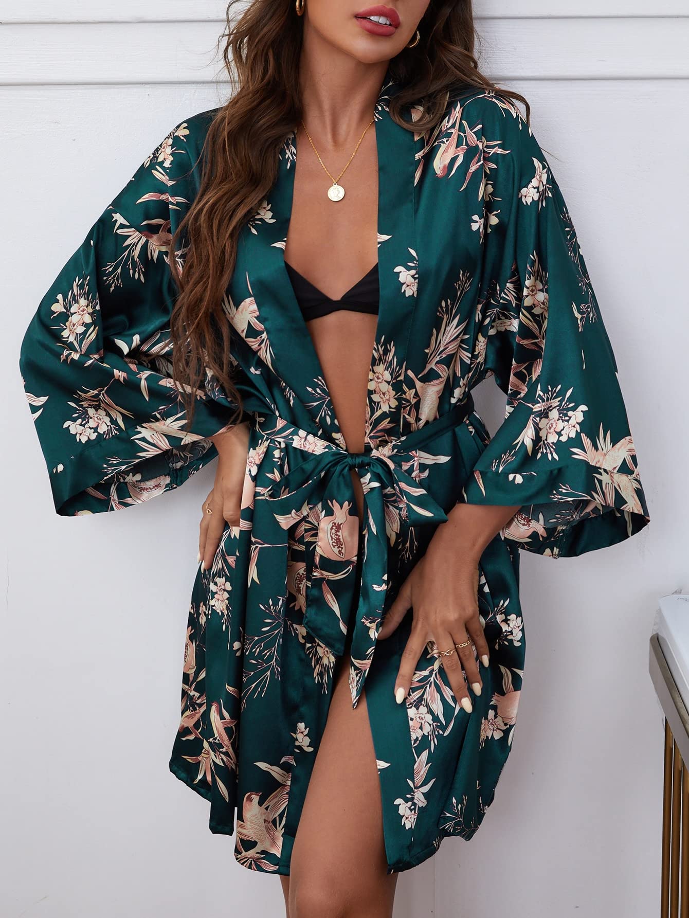 ZJRLY Floral Print Drop Shoulder Belted Satin Sleep Robe - Stylish Elegant Loungewear for Women (Multicolor, Small) | Perfect for Spa Nights, Bridal Party Gifts & Luxury Home Relaxation