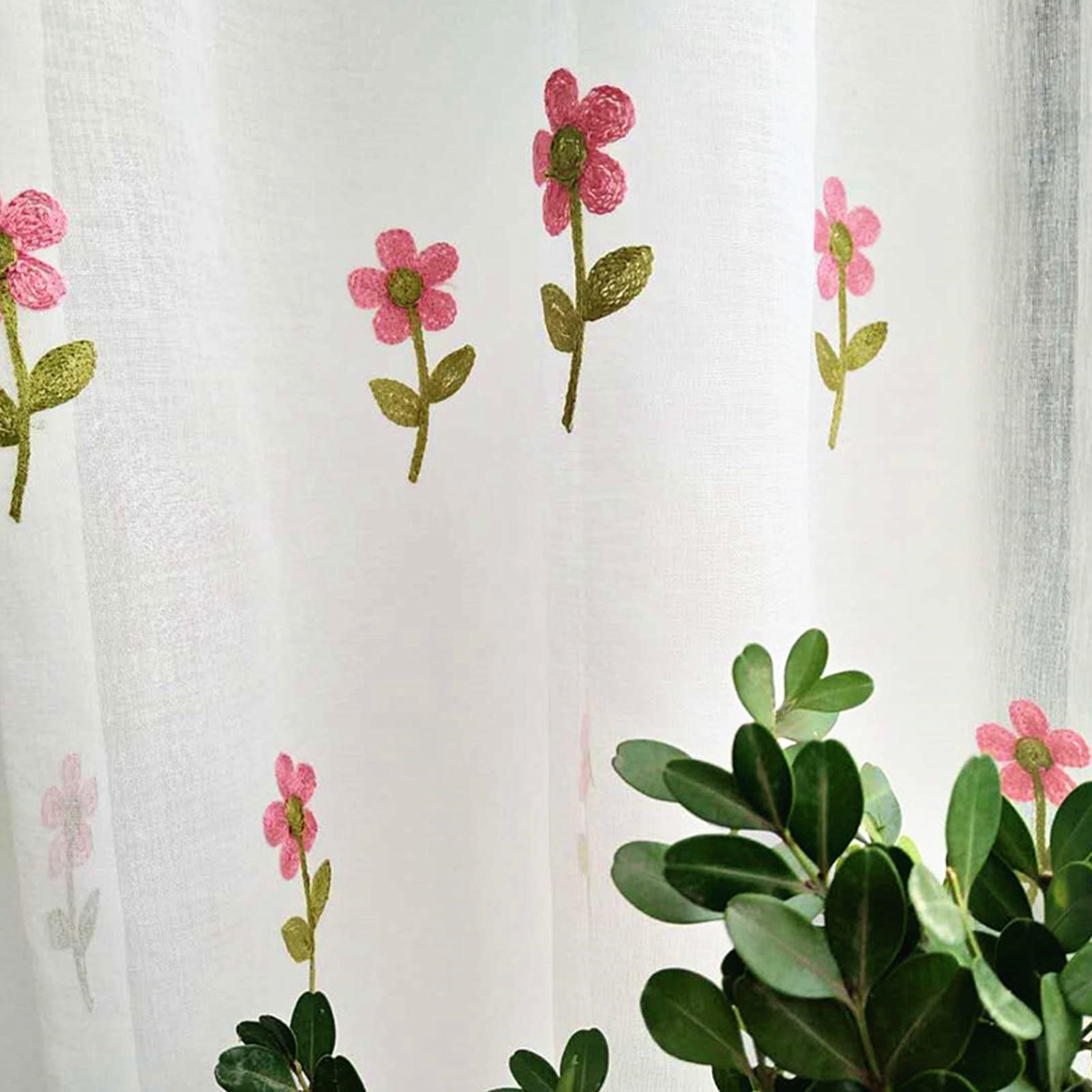 White Embroidered Sheer Voile Curtains with Floral Pattern - 35x39 Inches (90x100cm) Semi-Transparent Window Drapes for Bedroom, Living Room, Kitchen, Patio & Cafe Decor