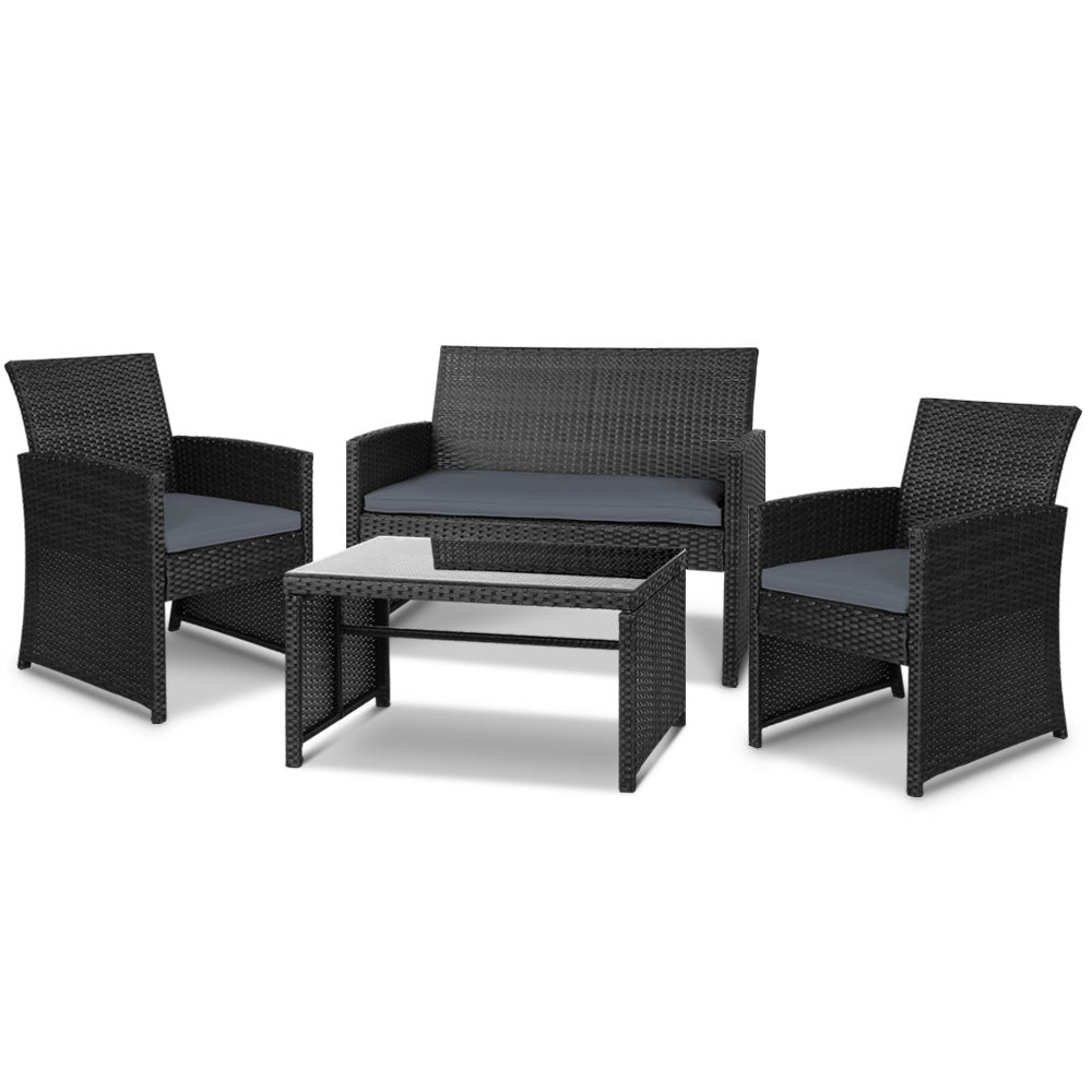 4-Piece Outdoor Rattan Sofa Set with Table - Black Patio Garden Furniture for Backyard, Poolside & Terrace Relaxation