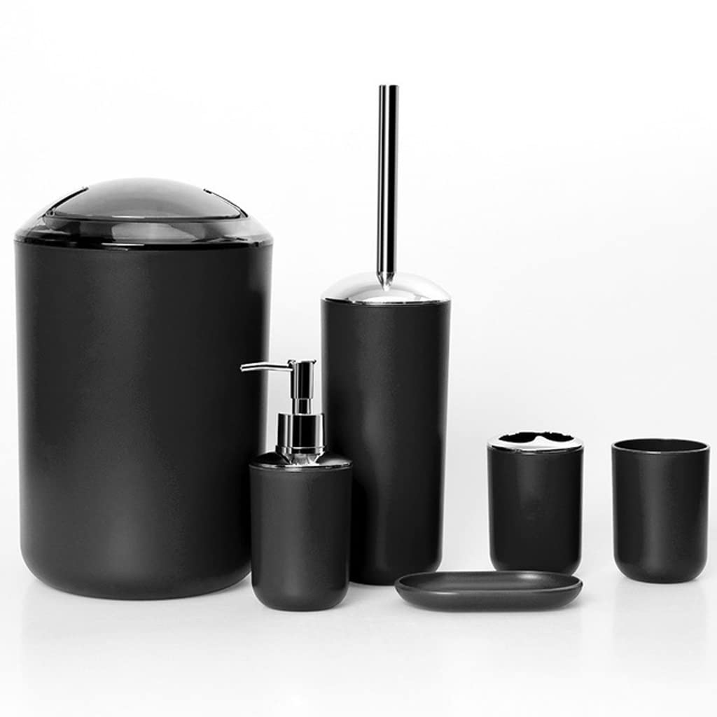 6Pcs Bathroom Accessories Set - Toothbrush Holder, Soap Dispenser, Toilet Brush & Trash Can - Plastic Bathroom Organizer for Modern Homes (Black, One Size) | Perfect for Guest Bathrooms, Apartments & Dorm Rooms
