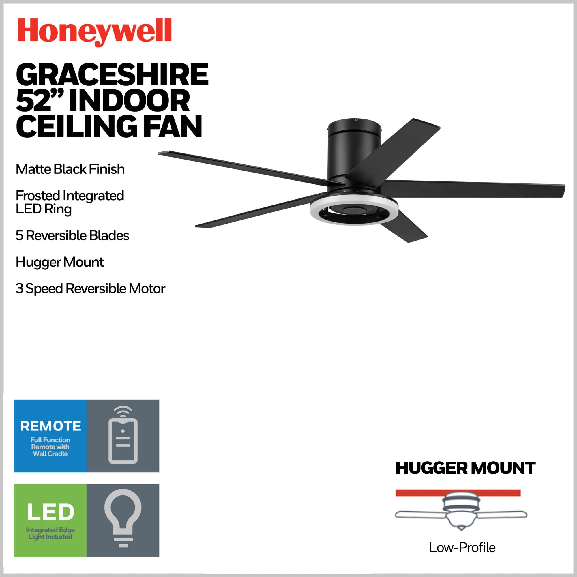 52 Inch Honeywell Graceshire Matte Black Ceiling Fan with LED Ring Light & Remote Control - Perfect for Living Room, Bedroom, and Outdoor Patio Cooling