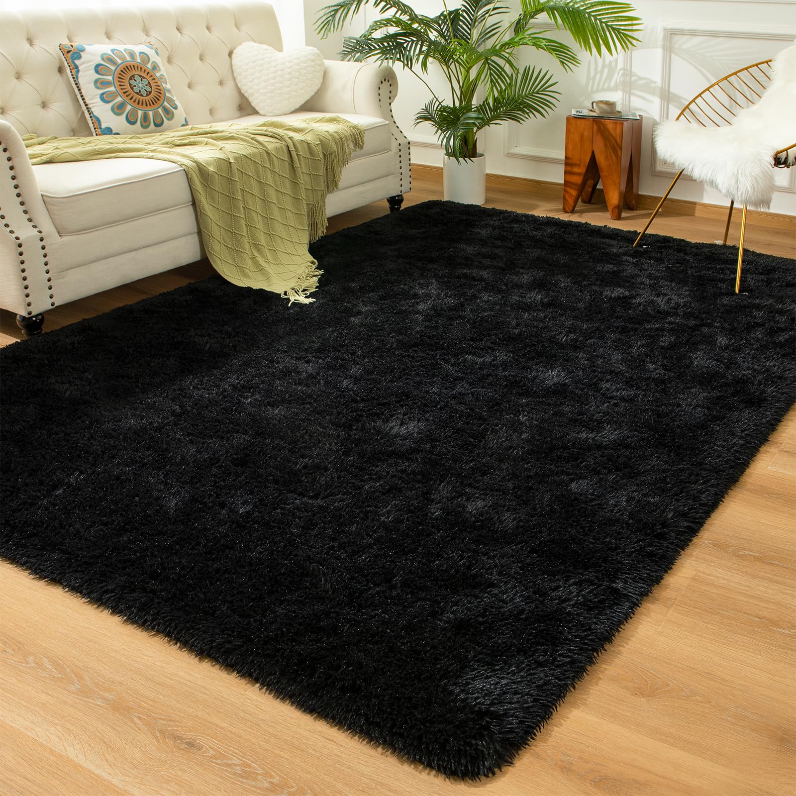Andecor Soft Fluffy Shaggy Area Rug 8x10 Feet - Plush Bedroom Rug for Kids, Boys & Girls - Non-Slip Nursery, Dorm, Living Room Carpet - Cozy Home Decor Floor Mat (Black) - Perfect for Playrooms, Bedside & Lounge Areas