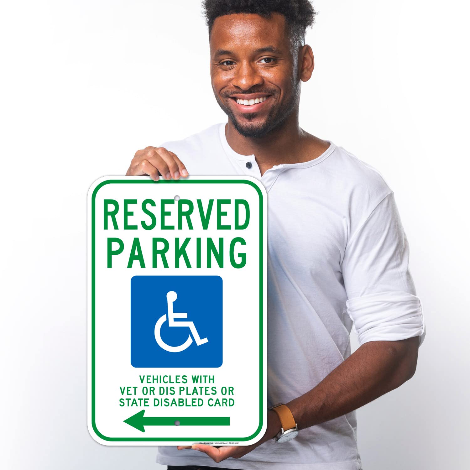 Wisconsin Handicap Parking Sign - Reserved Parking for Vehicles with Vet Plates or State Disabled Card - Left Arrow Design - 12x18 Inches - Rust-Free .063 Aluminum - Fade Resistant - Made in USA - Perfect for ADA Compliant Parking Spaces, Hospitals, and Public Facilities