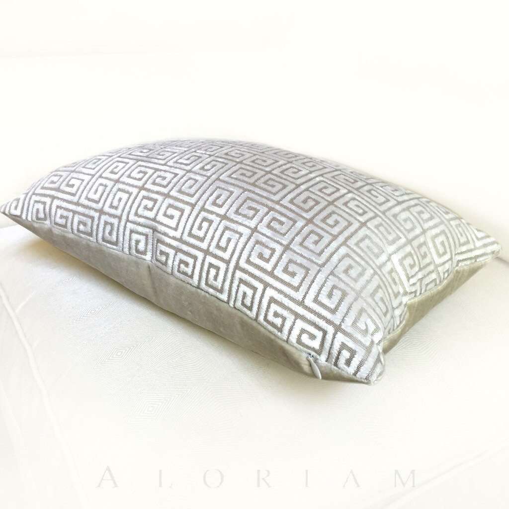 Robert Allen Velvet Greek Key Pillow Cover - Pearl White & Beige | Luxury Decorative Throw Pillow Case for Sofa, Bed, Couch - Home Decor & Living Room Accent