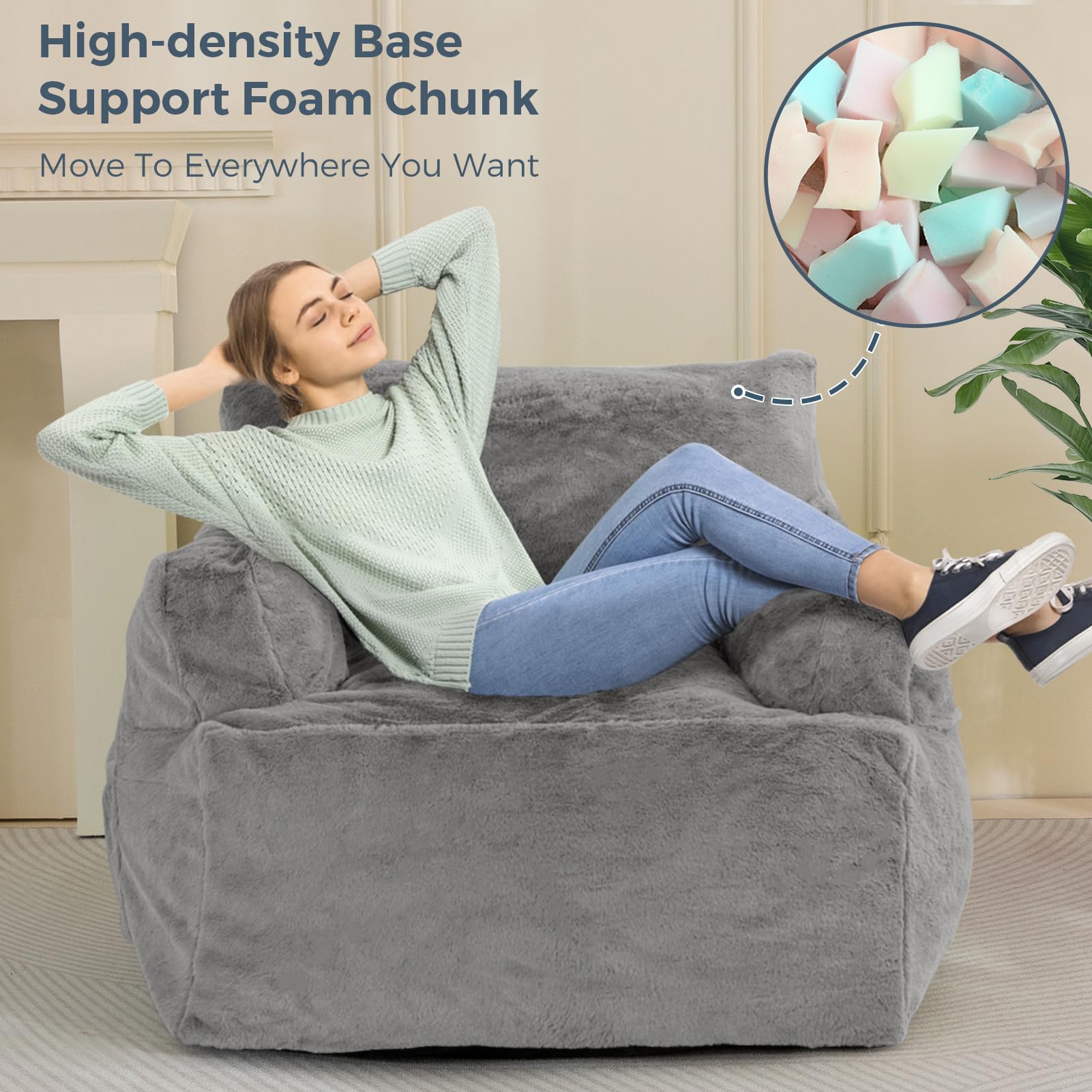 MAXYOYO Giant Bean Bag Chair - Ultra Soft Faux Fur Oversized Bean Bag Couch for Adults & Teens, Grey - Perfect for Living Room Lounging, Gaming & Movie Nights