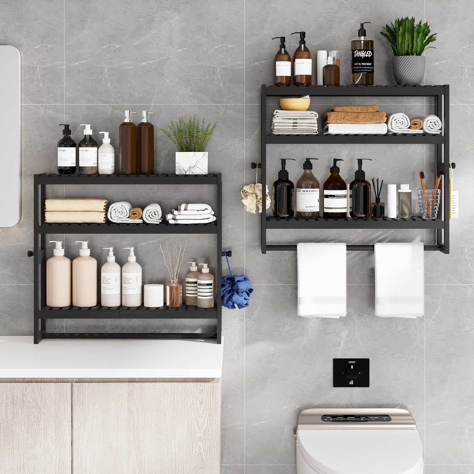 RRX 3-Tier Adjustable Bamboo Bathroom Shelf Organizer - Over Toilet Storage Shelf with Hanging Bar, Freestanding Design for Bathroom Organization (Black) - Perfect for Small Bathrooms, Apartments & Space-Saving Storage Solutions